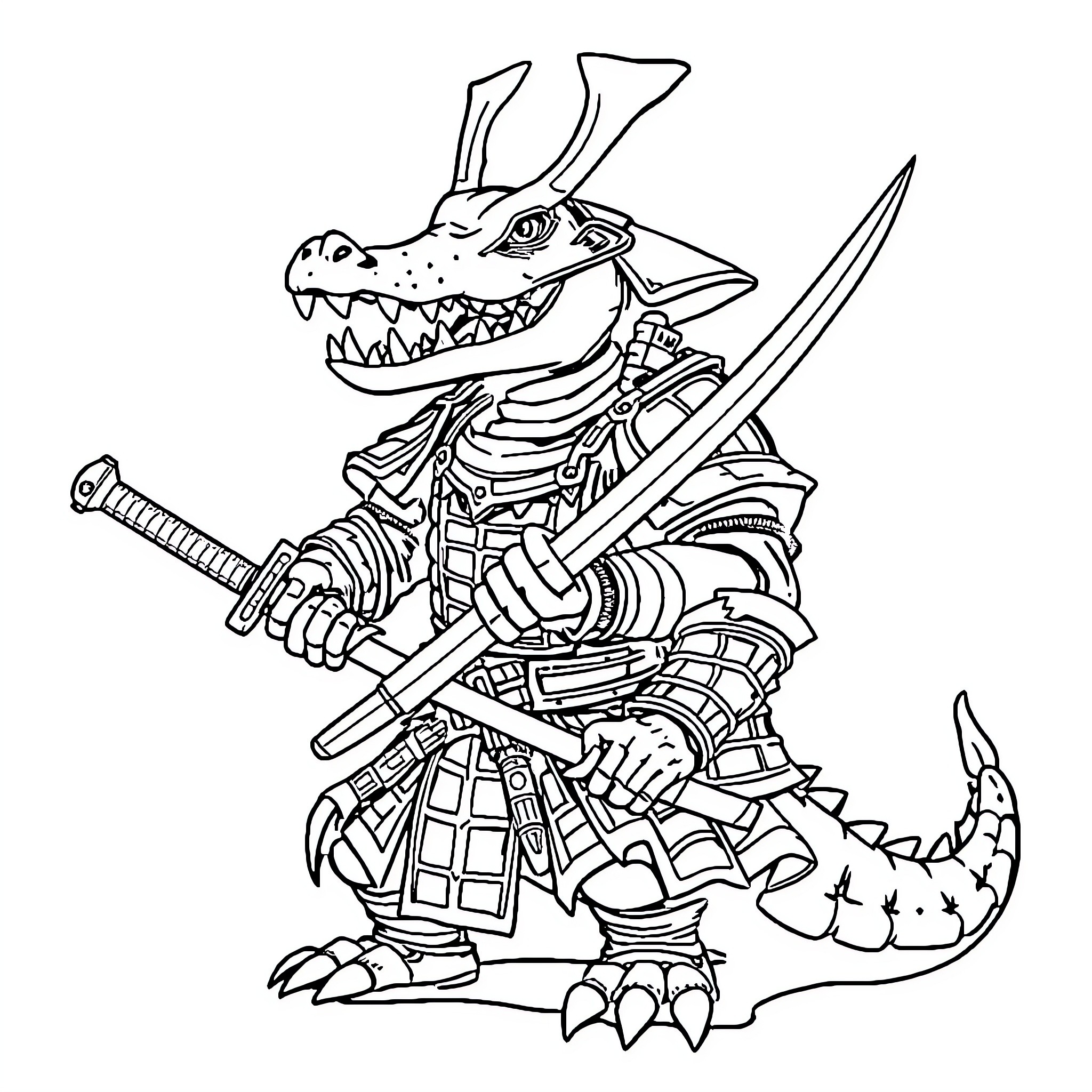 Alligator warrior wielding swords in battle gear Coloring Page (free black-and-white line drawing printable PDF for all, from beginners to advanced learners, including children, teens, adults, and seniors)