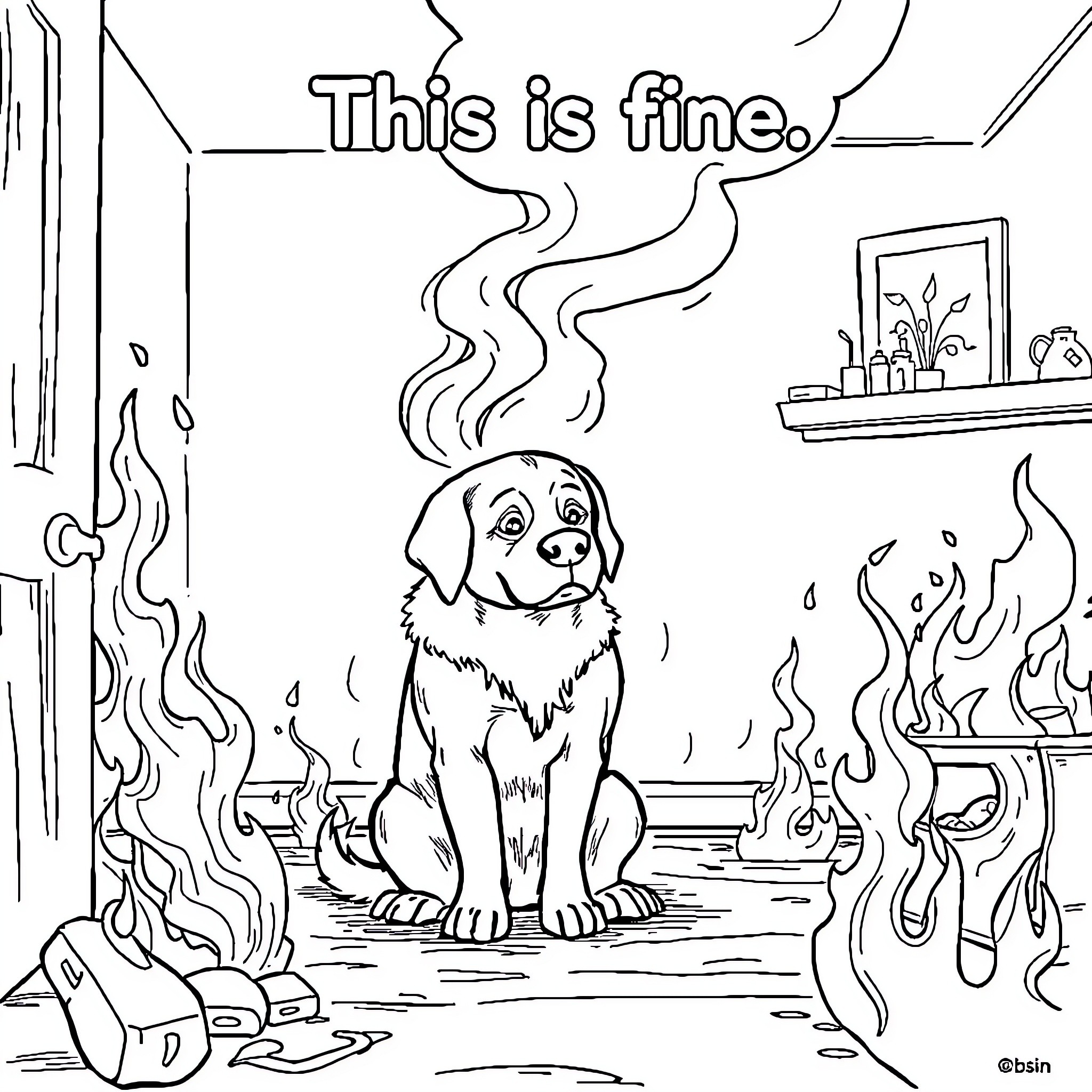 Dog in Trouble as Fire Rages Around Coloring Page (free black-and-white line drawing printable PDF for all, from beginners to advanced learners, including children, teens, adults, and seniors)