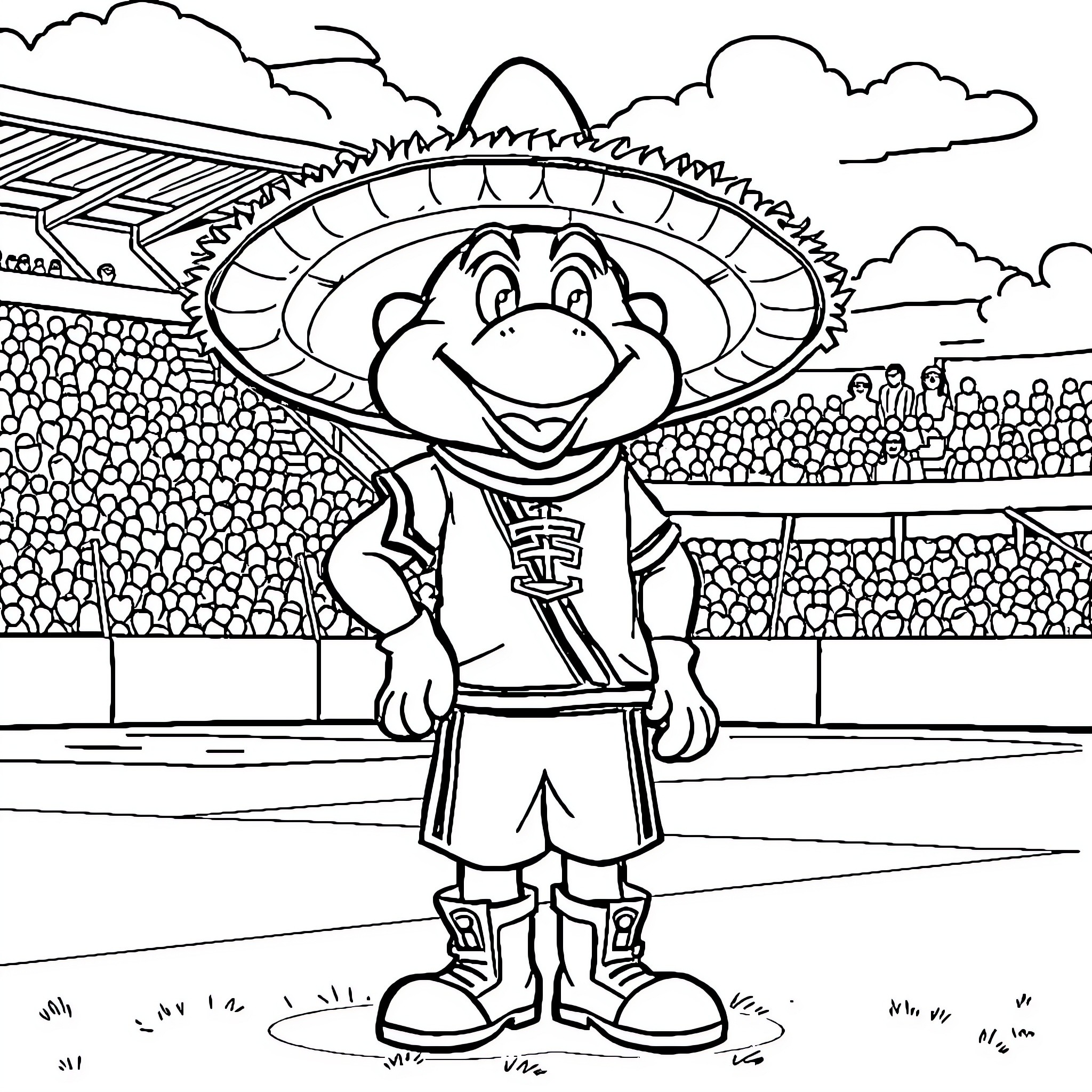 Mascota smiling cheerfully in sports stadium Coloring Page (free black-and-white line drawing printable PDF for all, from beginners to advanced learners, including children, teens, adults, and seniors)
