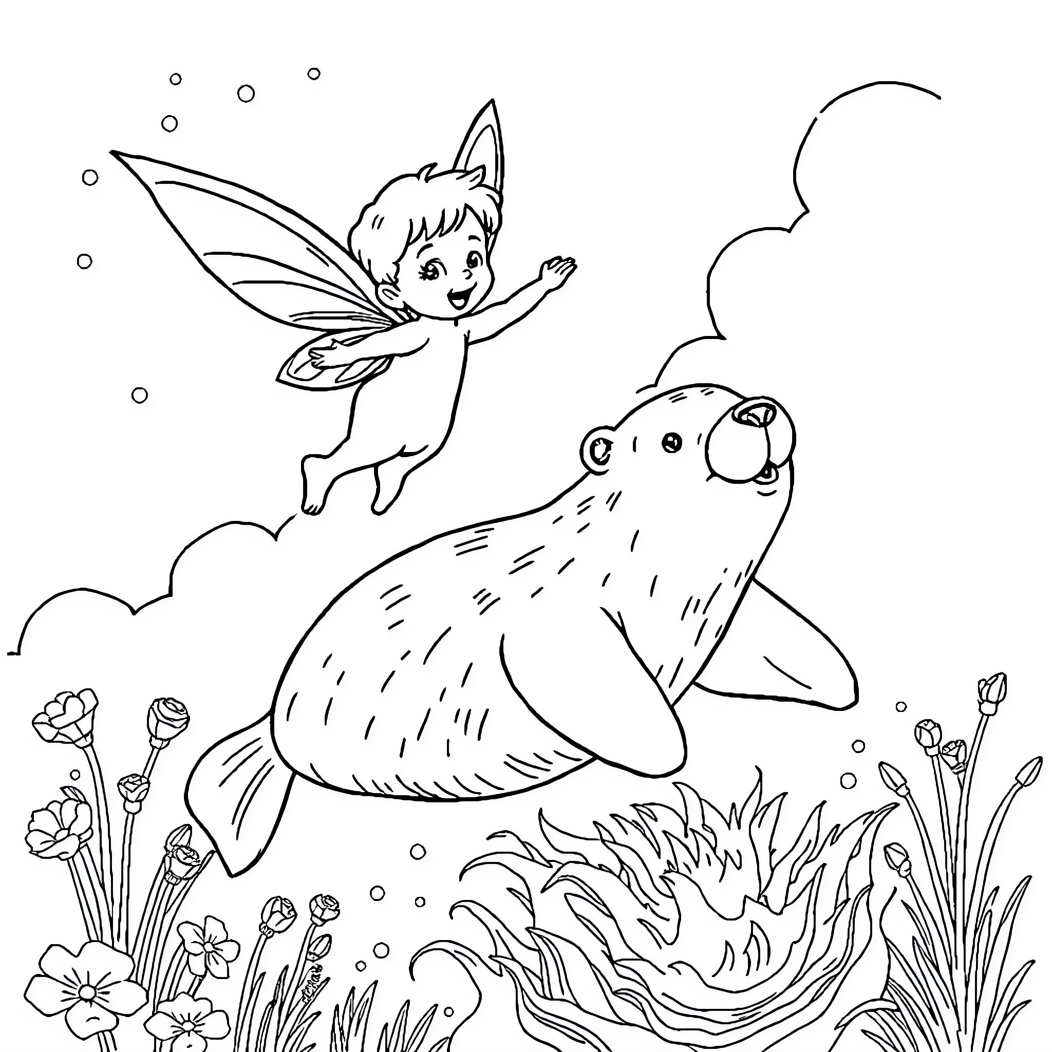 Dolphin and fairy enjoying nature scene Coloring Page (free black-and-white line drawing printable PDF for all, from beginners to advanced learners, including children, teens, adults, and seniors)