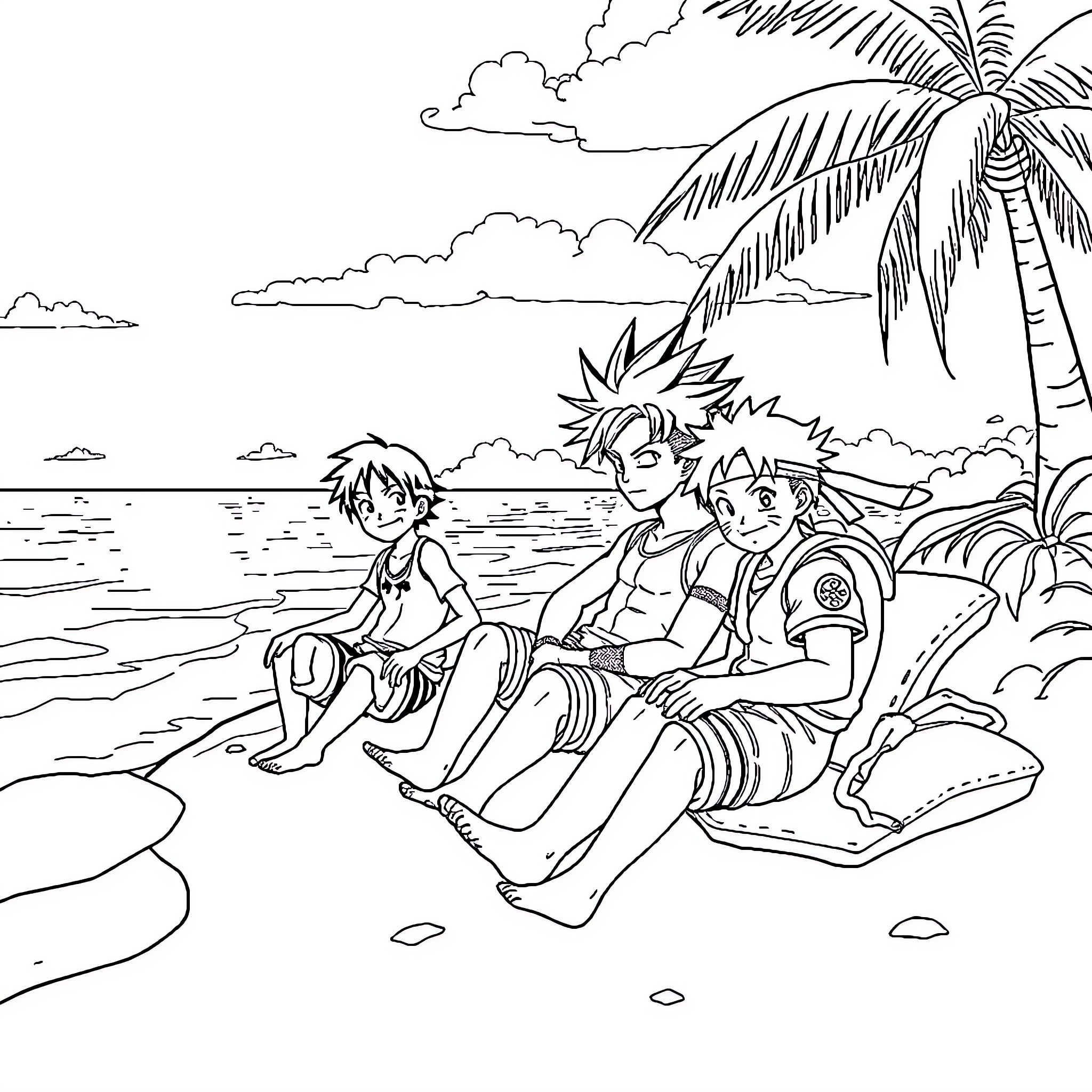 Luffy and friends relaxing on the beach Coloring Page (free black-and-white line drawing printable PDF for all, from beginners to advanced learners, including children, teens, adults, and seniors)