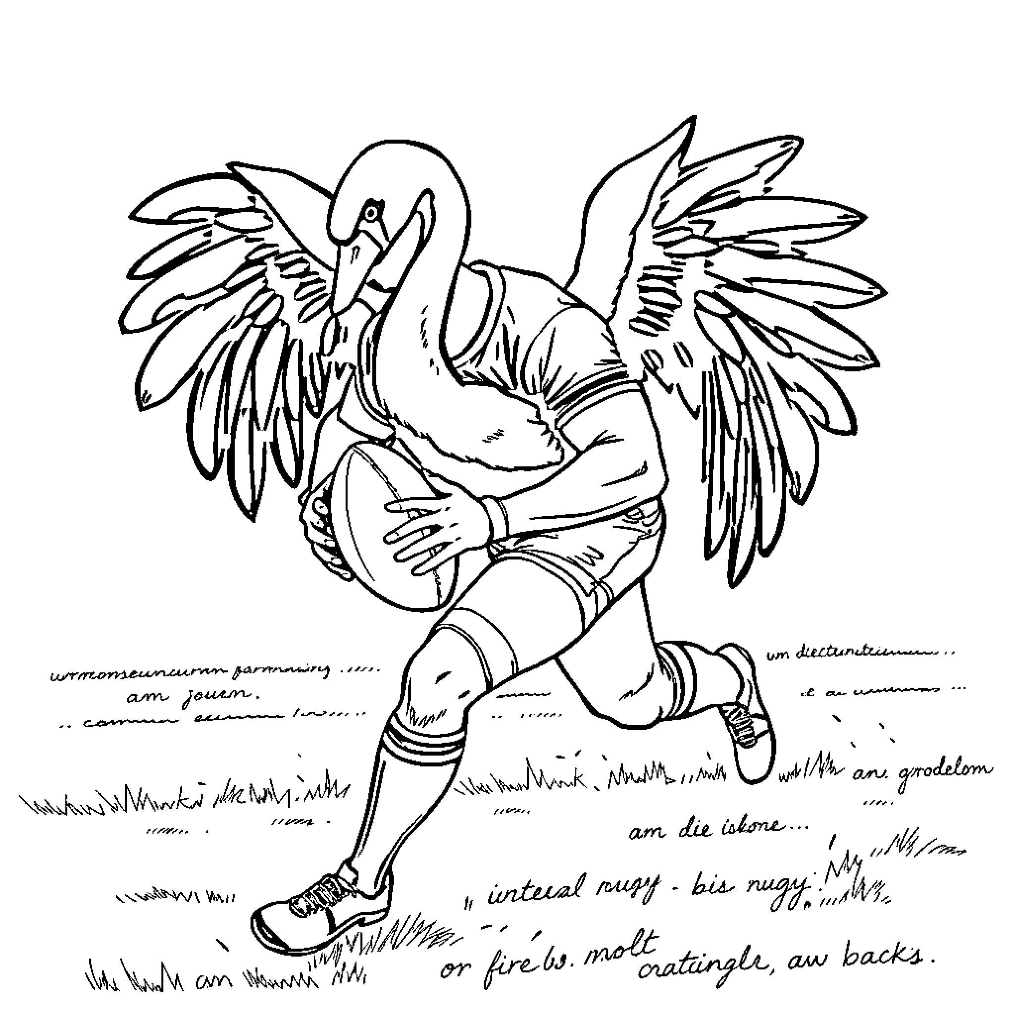 Rugby Player Takes Powerful Dive Amid Flowing Wings Coloring Page (free black-and-white line drawing printable PDF for all, from beginners to advanced learners, including children, teens, adults, and seniors)