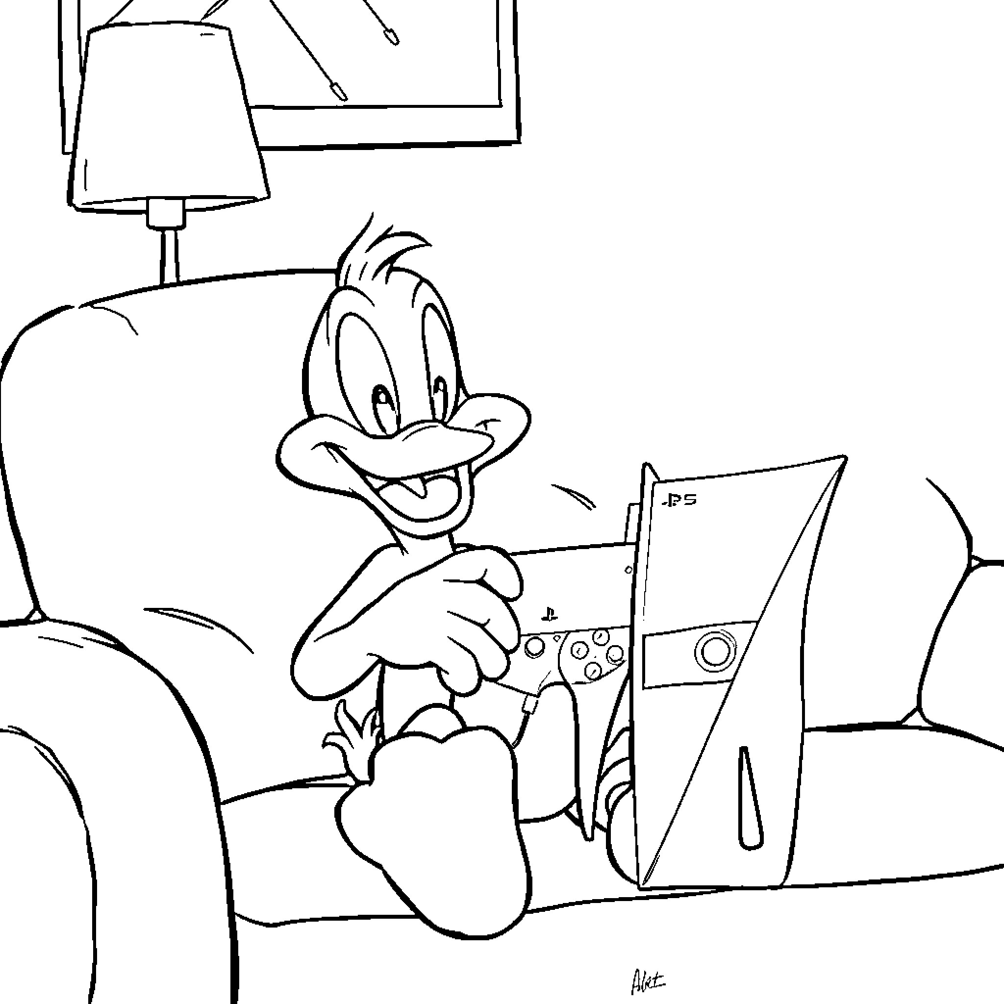 Daffy Duck playing video games on the couch Coloring Page (free black-and-white line drawing printable PDF for all, from beginners to advanced learners, including children, teens, adults, and seniors)