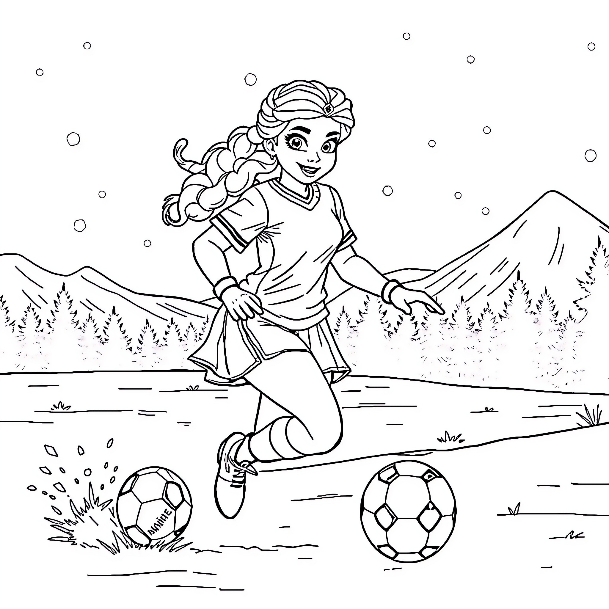 Queen playing with soccer balls in the snow Coloring Page (free black-and-white line drawing printable PDF for all, from beginners to advanced learners, including children, teens, adults, and seniors)