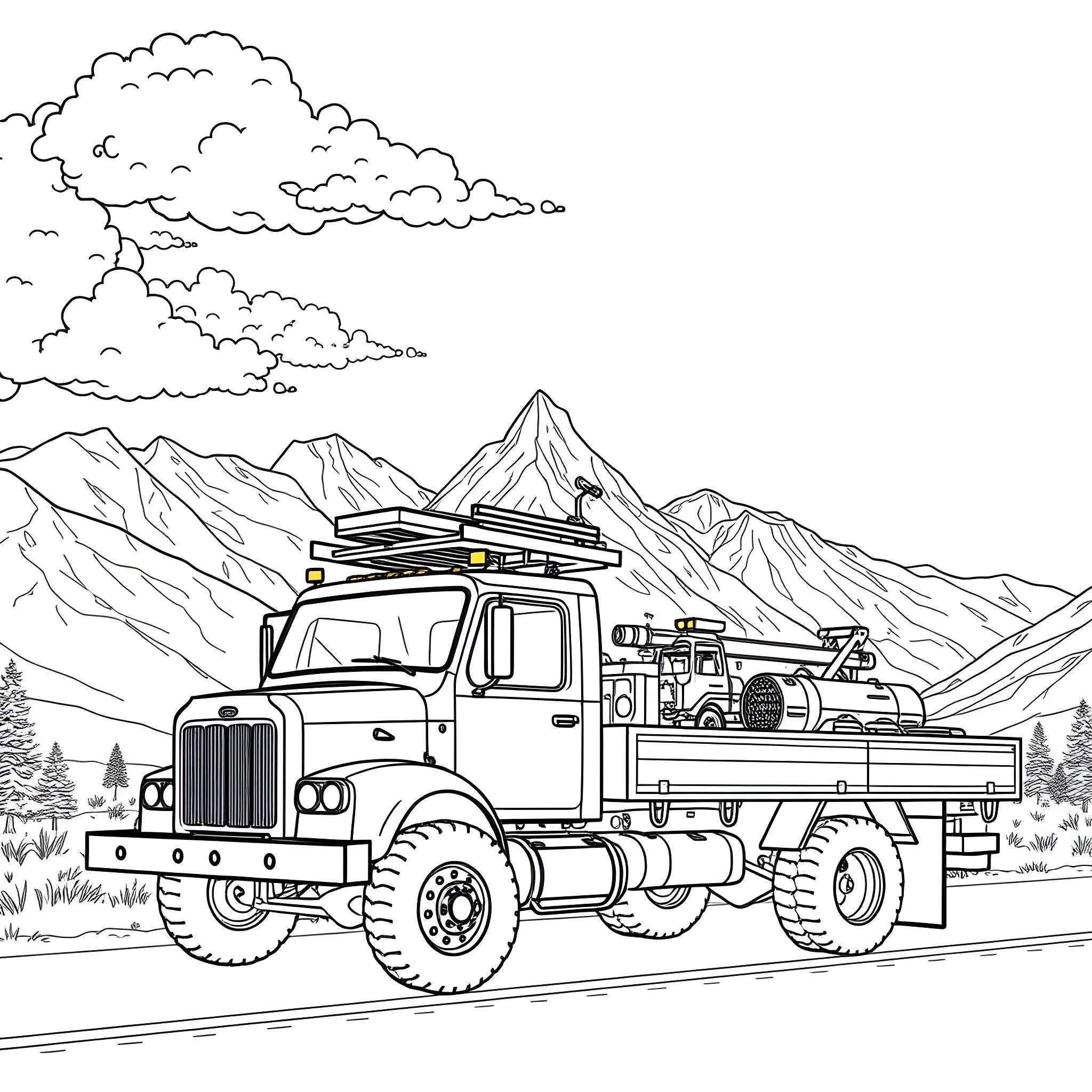 Flatbed truck hauling camping gear in the mountains Coloring Page (free black-and-white line drawing printable PDF for all, from beginners to advanced learners, including children, teens, adults, and seniors)