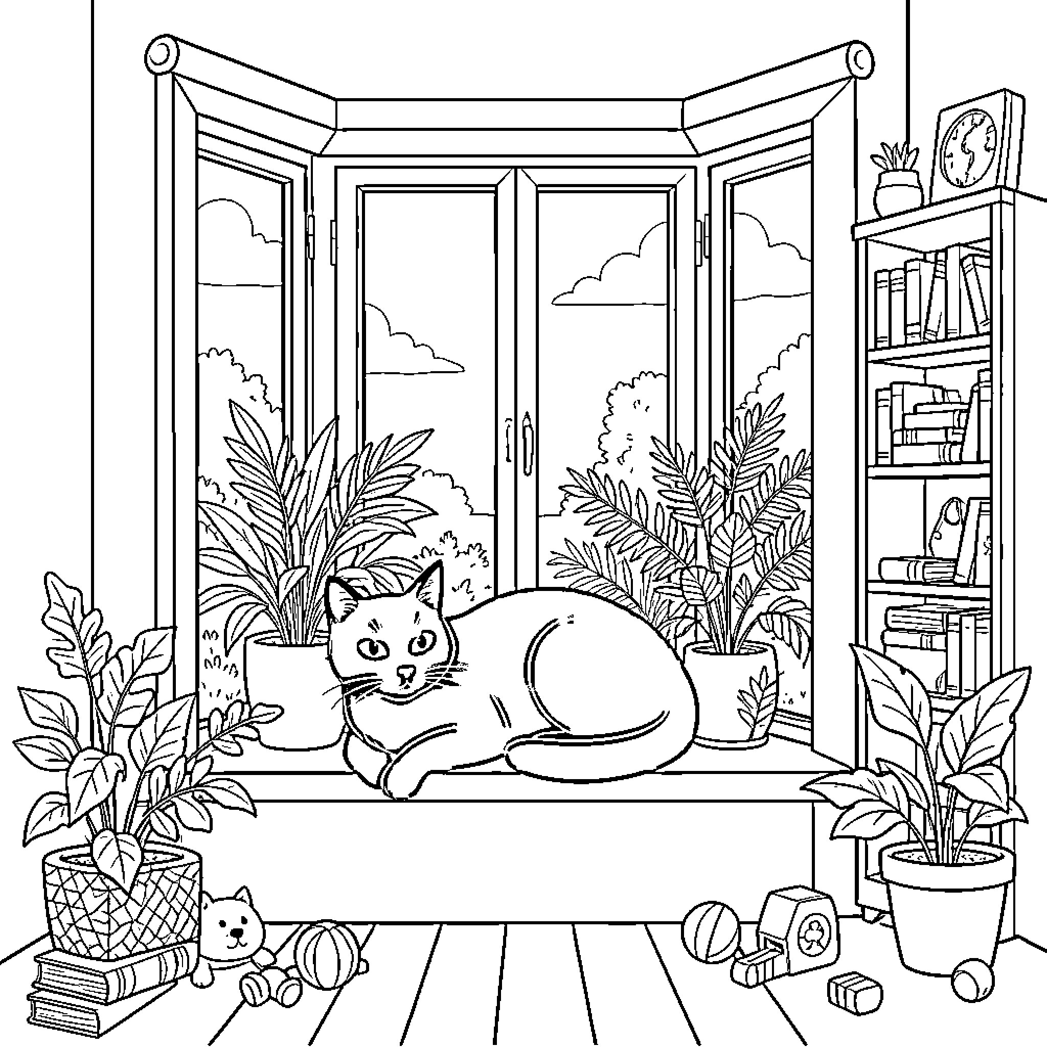 Cat resting peacefully on a windowsill among plants Coloring Page (free black-and-white line drawing printable PDF for all, from beginners to advanced learners, including children, teens, adults, and seniors)