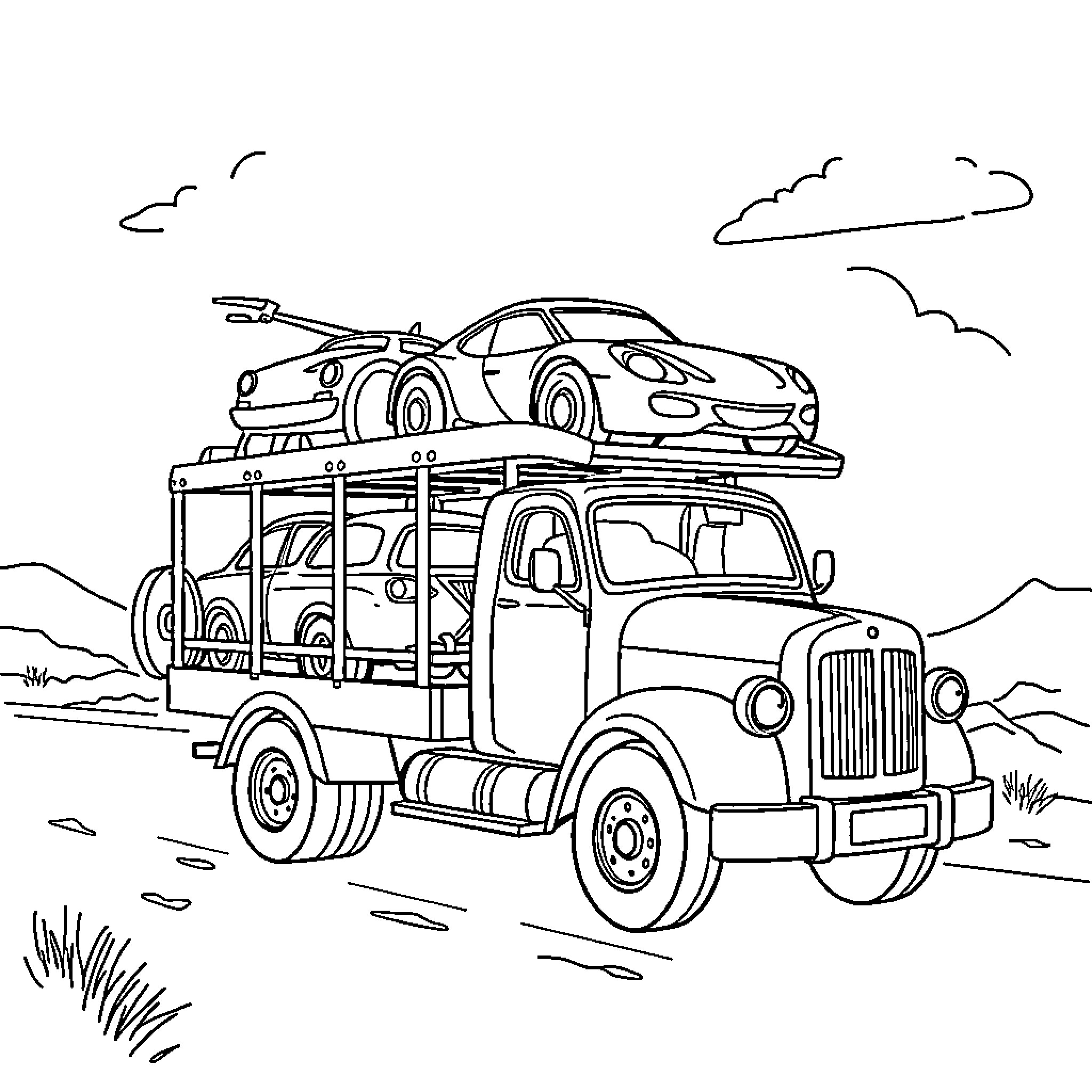 Car transport truck carrying vehicles on scenic route Coloring Page (free black-and-white line drawing printable PDF for all, from beginners to advanced learners, including children, teens, adults, and seniors)