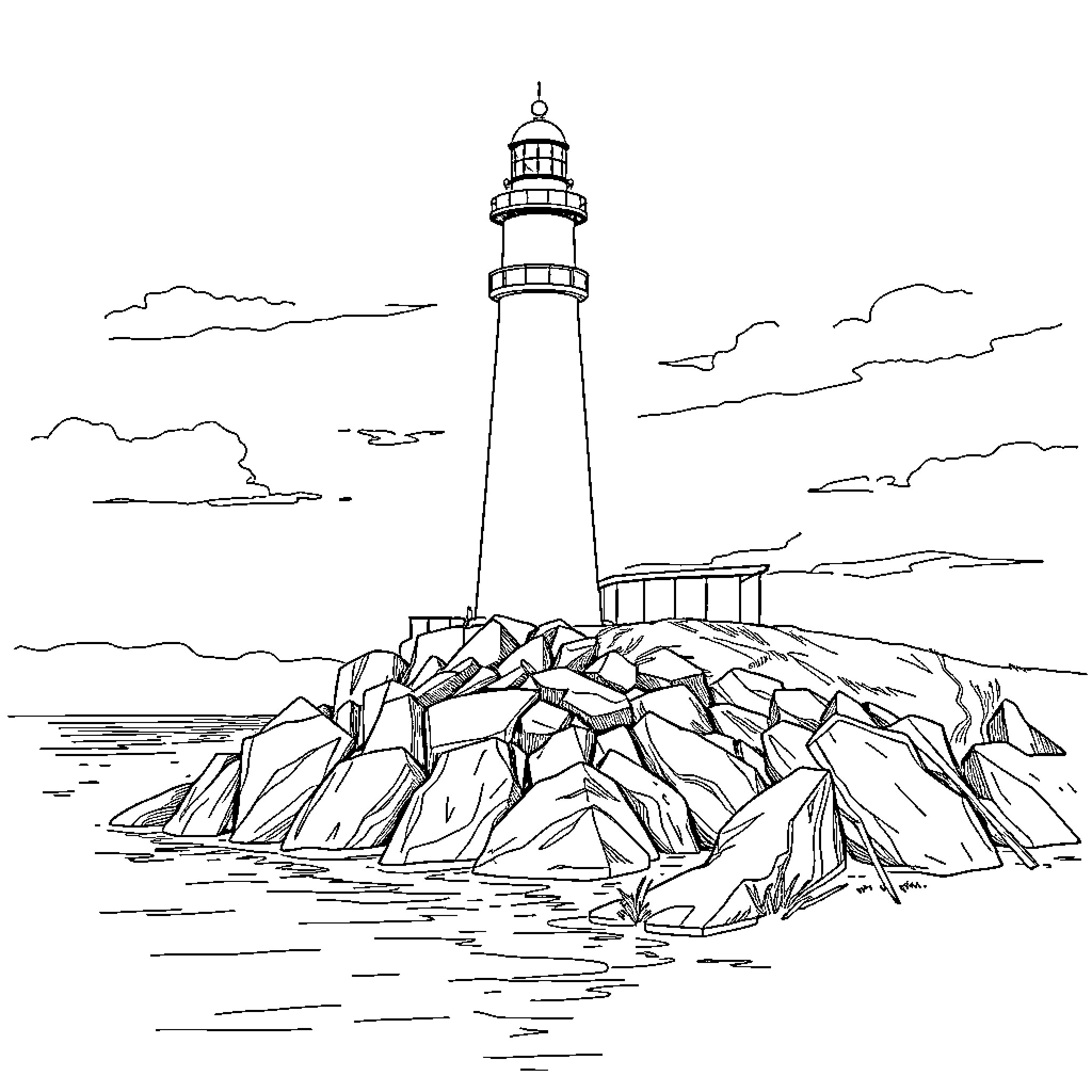 Lighthouse standing tall on rocky shoreline Coloring Page (free black-and-white line drawing printable PDF for all, from beginners to advanced learners, including children, teens, adults, and seniors)