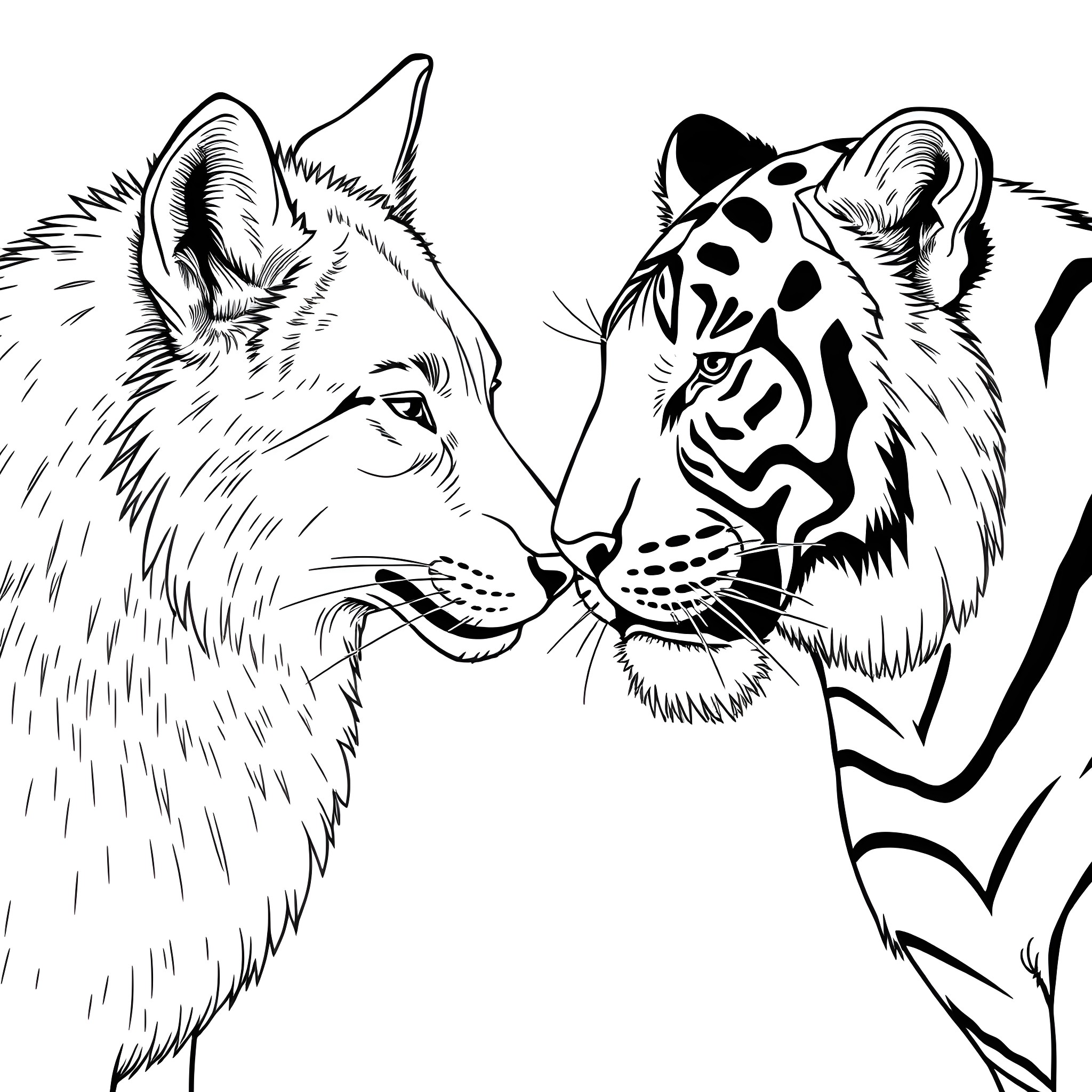 Wolf and Jaguar in fierce confrontation Coloring Page (free black-and-white line drawing printable PDF for all, from beginners to advanced learners, including children, teens, adults, and seniors)