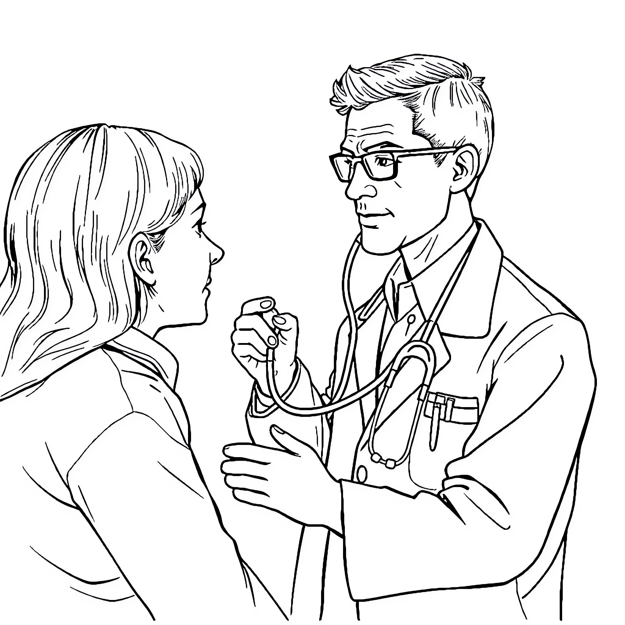 Doctor Examining Patient Attentively Coloring Page (free black-and-white line drawing printable PDF for all, from beginners to advanced learners, including children, teens, adults, and seniors)