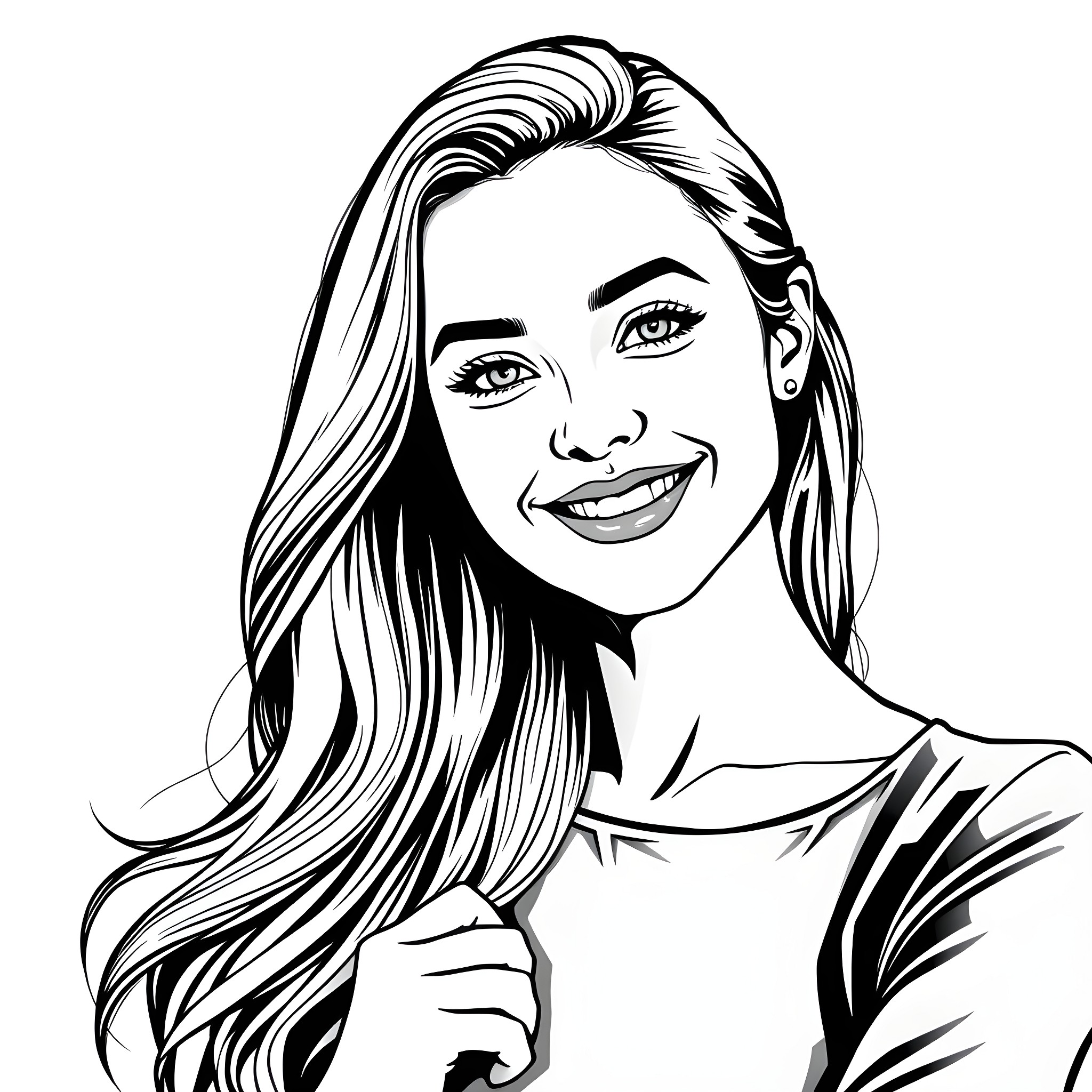 Woman with long hair smiling expressively Coloring Page (free black-and-white line drawing printable PDF for all, from beginners to advanced learners, including children, teens, adults, and seniors)
