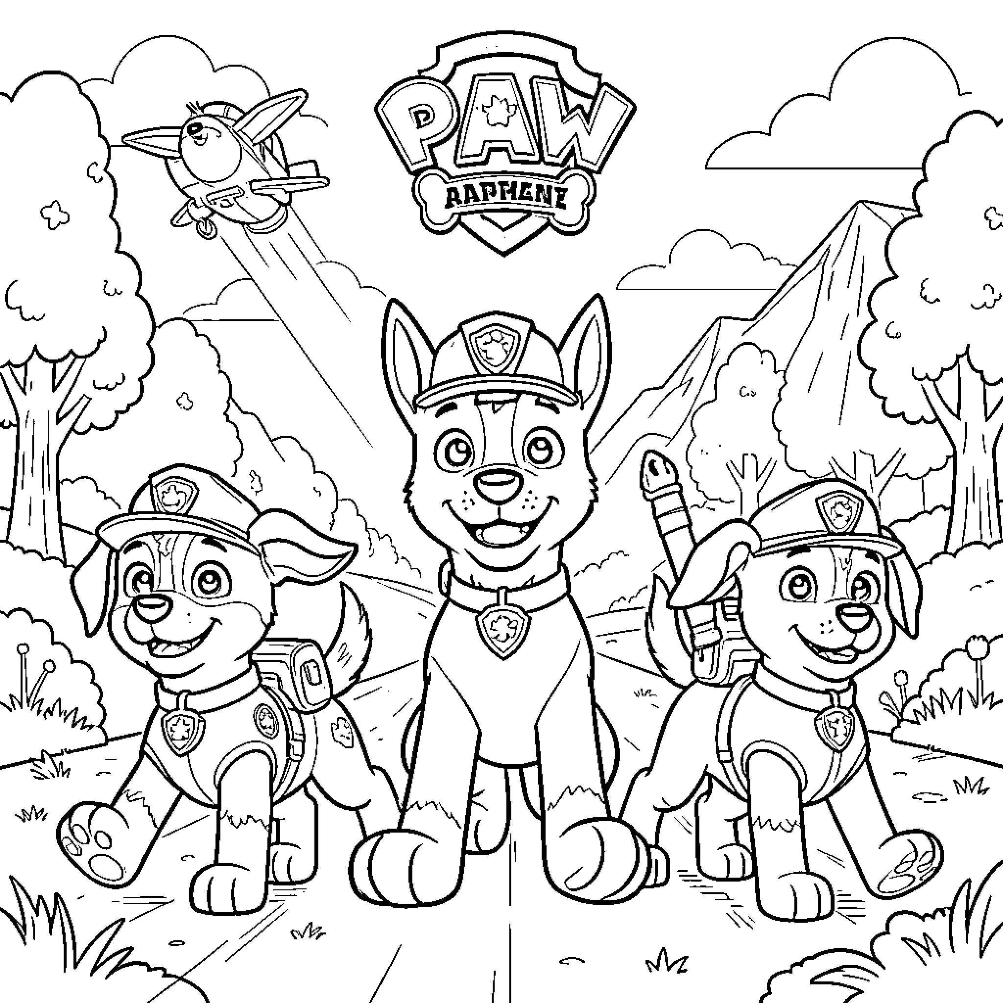 Paw Patrol pups smiling together in a landscape Coloring Page (free black-and-white line drawing printable PDF for all, from beginners to advanced learners, including children, teens, adults, and seniors)
