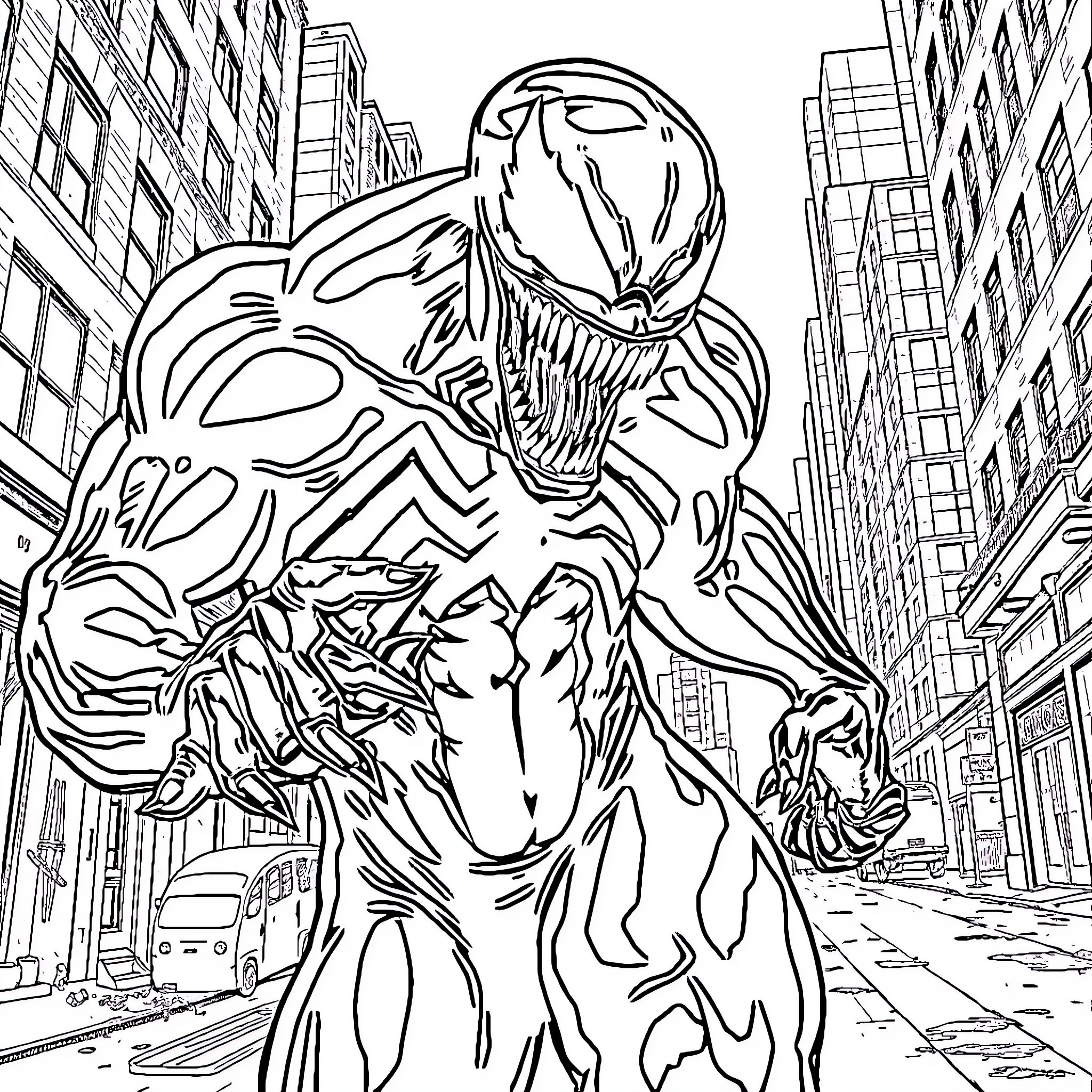 Venom stalking through the city streets Coloring Page (free black-and-white line drawing printable PDF for all, from beginners to advanced learners, including children, teens, adults, and seniors)