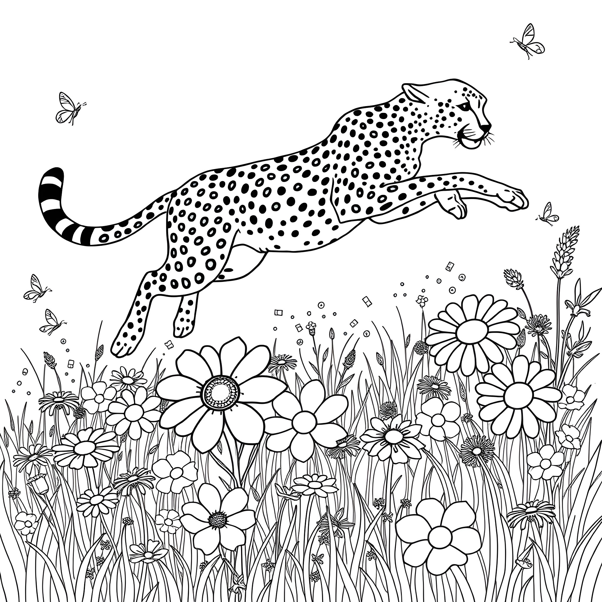 Cheetah sprinting amidst vibrant floral field Coloring Page (free black-and-white line drawing printable PDF for all, from beginners to advanced learners, including children, teens, adults, and seniors)