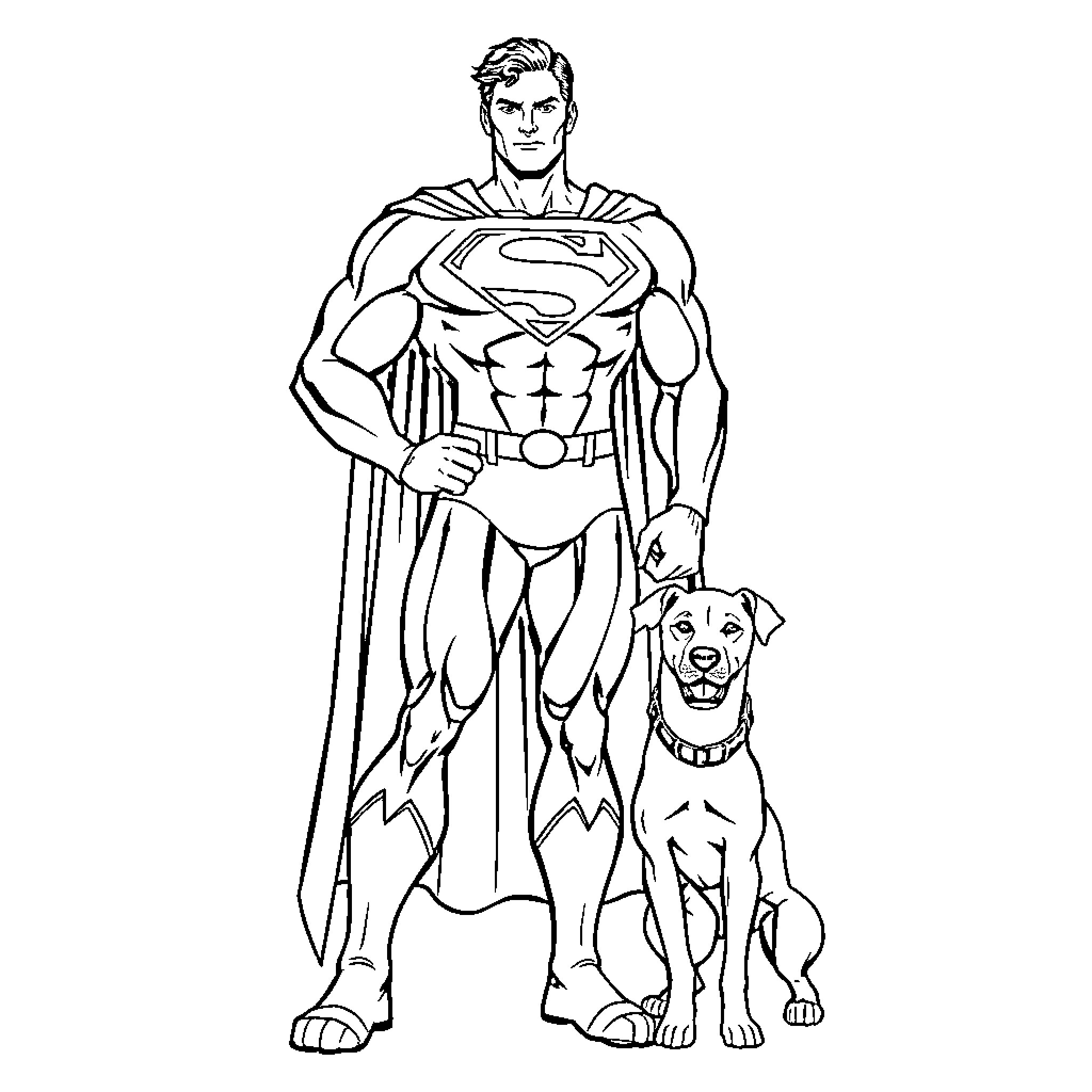 Superman Protecting His Loyal Canine Companion Coloring Page (free black-and-white line drawing printable PDF for all, from beginners to advanced learners, including children, teens, adults, and seniors)