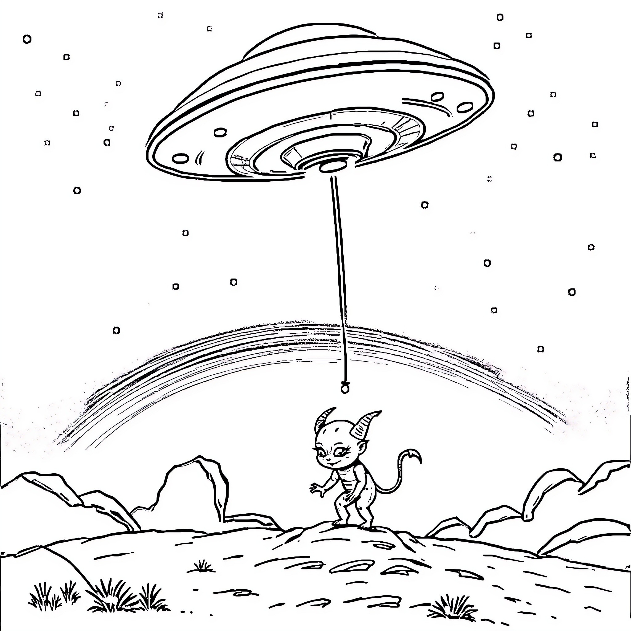 UFO inspecting curious creature in remote landscape Coloring Page (free black-and-white line drawing printable PDF for all, from beginners to advanced learners, including children, teens, adults, and seniors)