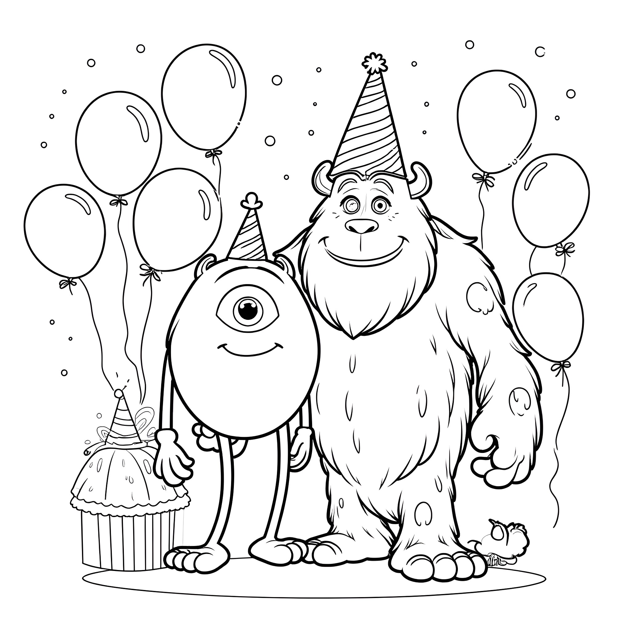 Monster characters at a birthday party Coloring Page (free black-and-white line drawing printable PDF for all, from beginners to advanced learners, including children, teens, adults, and seniors)