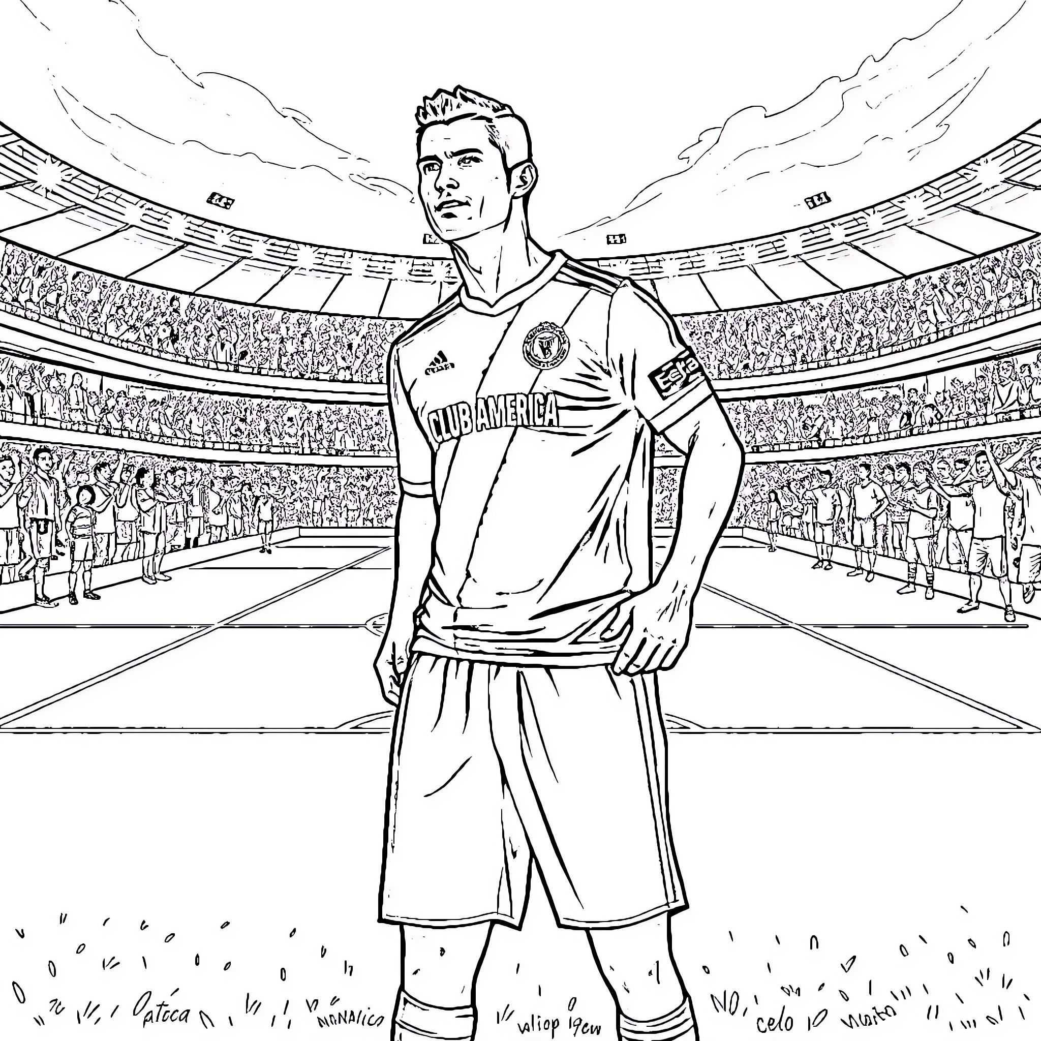 Cristiano Ronaldo in Soccer Stadium Playing Coloring Page (free black-and-white line drawing printable PDF for all, from beginners to advanced learners, including children, teens, adults, and seniors)