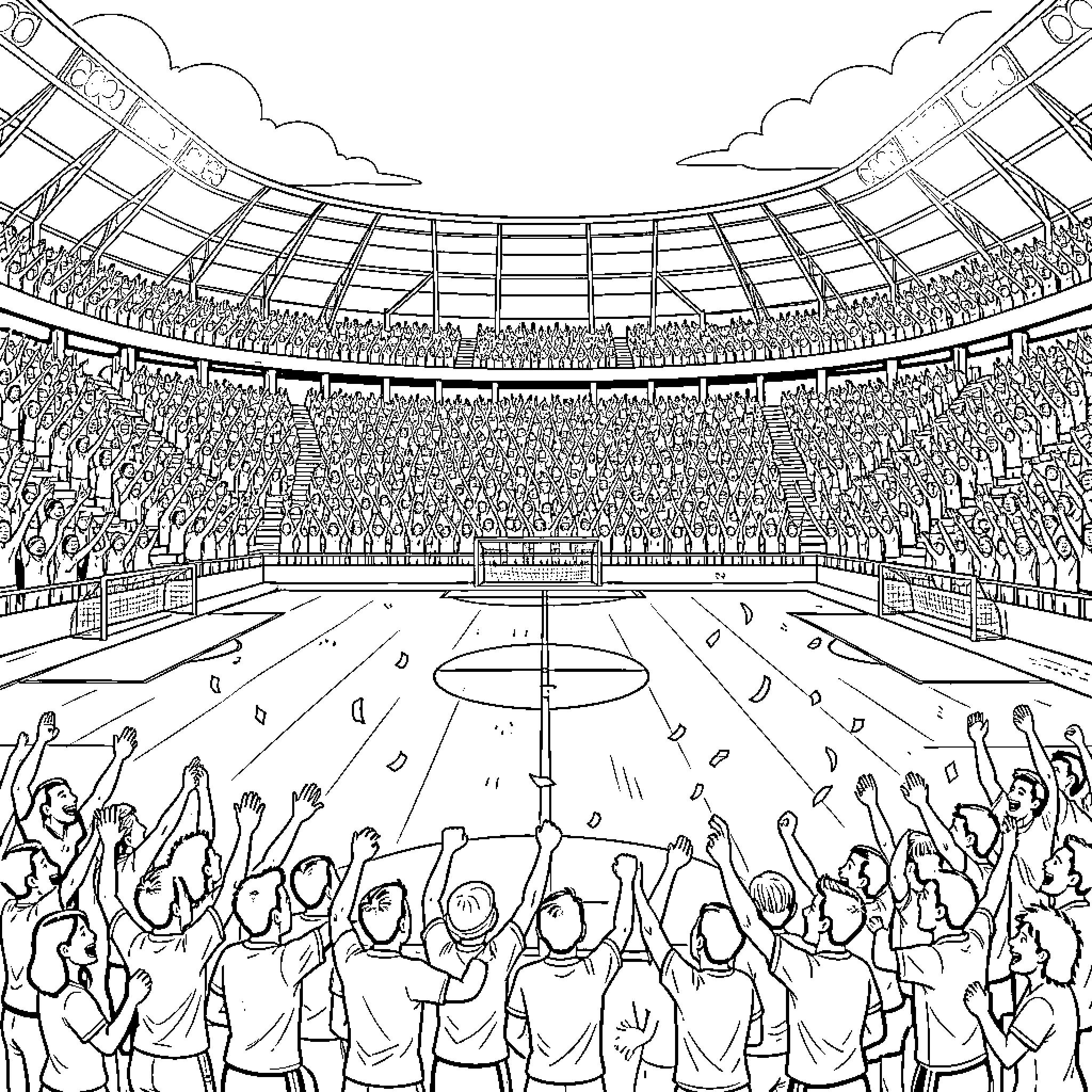 Stadium Filled with Cheering Fans and Energetic Crowd Coloring Page (free black-and-white line drawing printable PDF for all, from beginners to advanced learners, including children, teens, adults, and seniors)