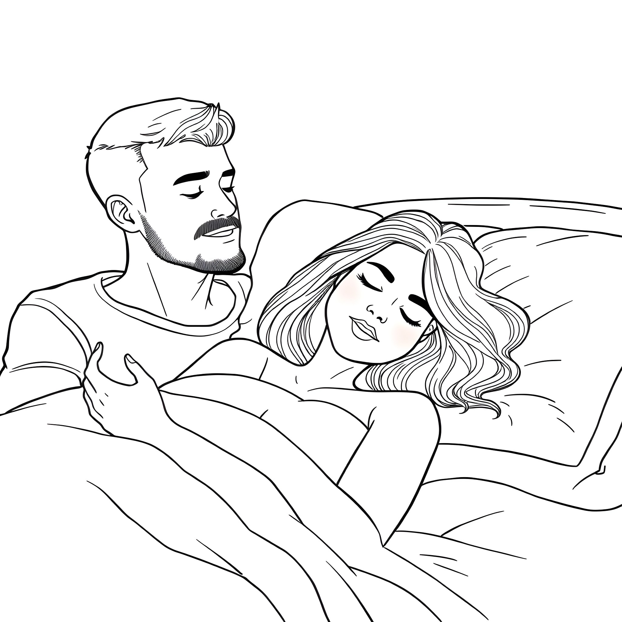 Husband comforting his sleeping wife Coloring Page (free black-and-white line drawing printable PDF for all, from beginners to advanced learners, including children, teens, adults, and seniors)