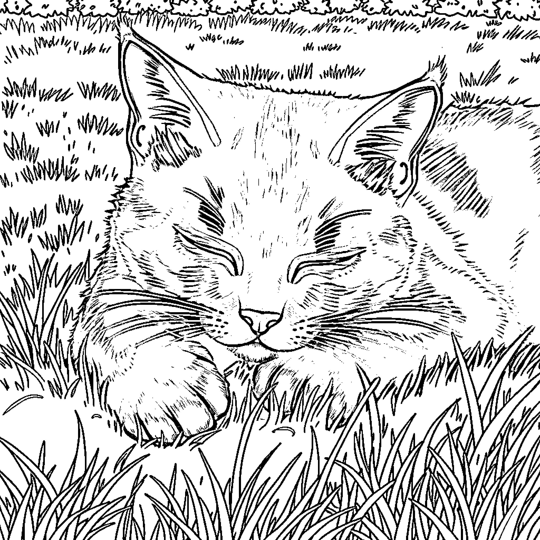 Cat napping peacefully in the grass Coloring Page (free black-and-white line drawing printable PDF for all, from beginners to advanced learners, including children, teens, adults, and seniors)