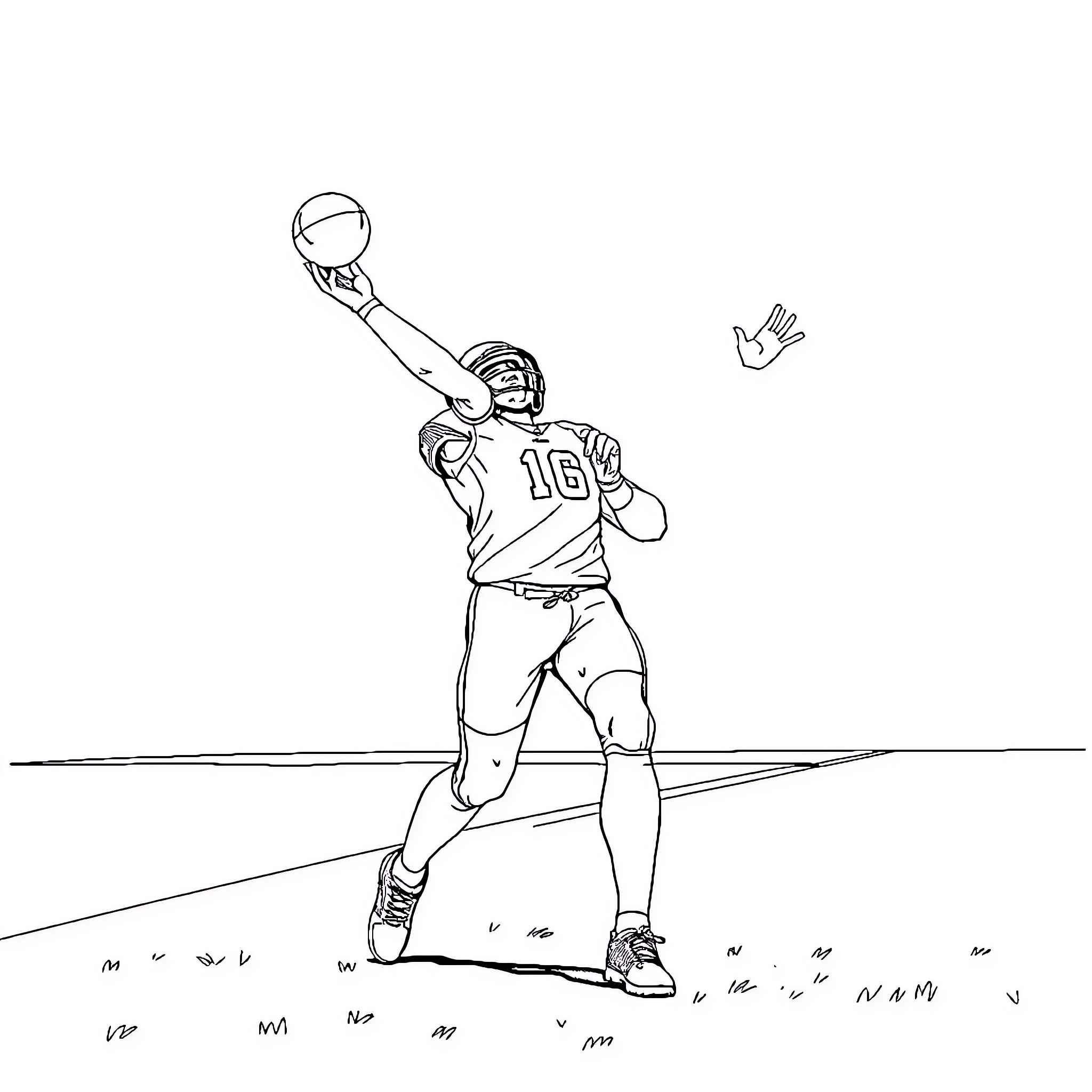 Football Player Reaching for a Pass Coloring Page (free black-and-white line drawing printable PDF for all, from beginners to advanced learners, including children, teens, adults, and seniors)