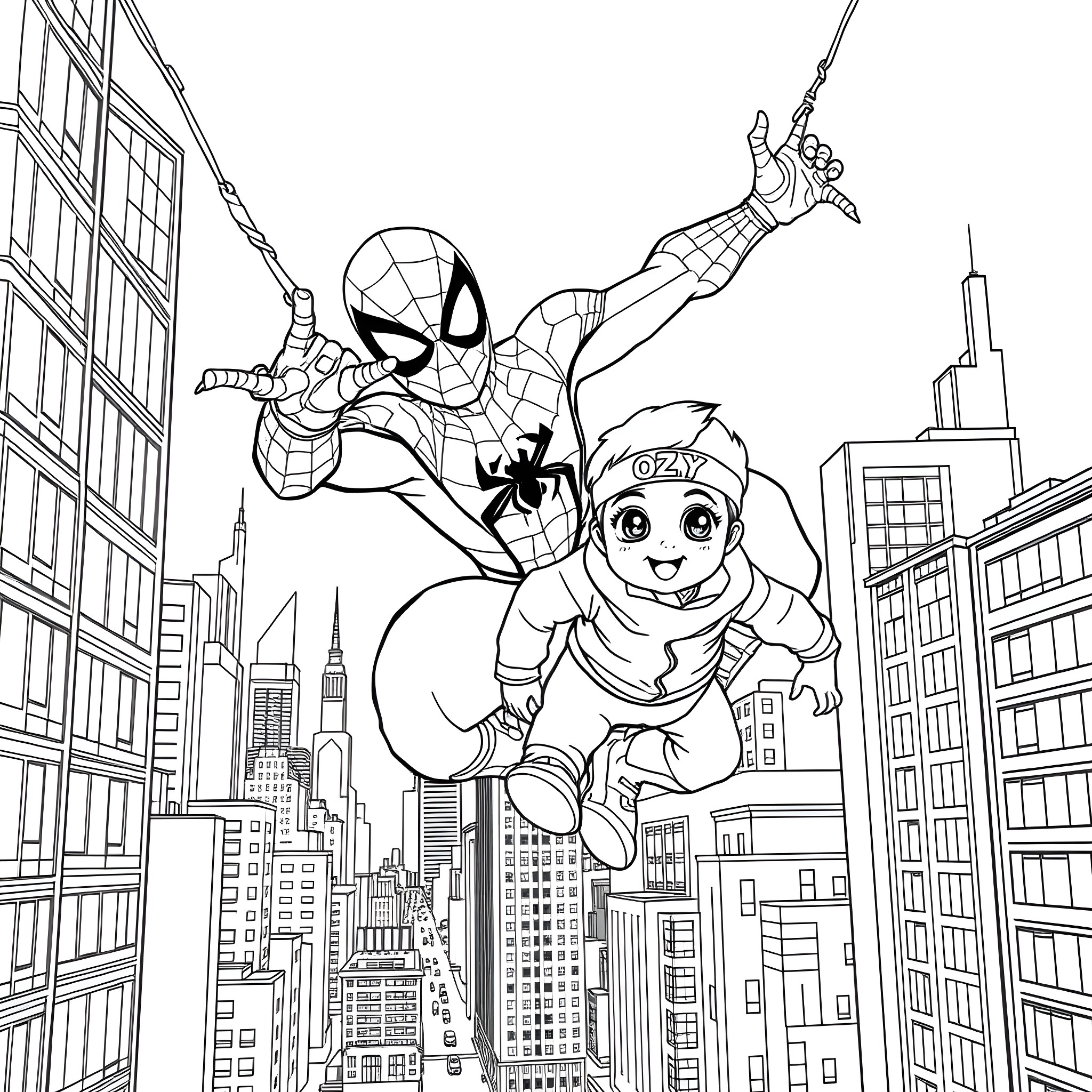 Spider-Man and Kid Swinging Through New York City Coloring Page (free black-and-white line drawing printable PDF for all, from beginners to advanced learners, including children, teens, adults, and seniors)