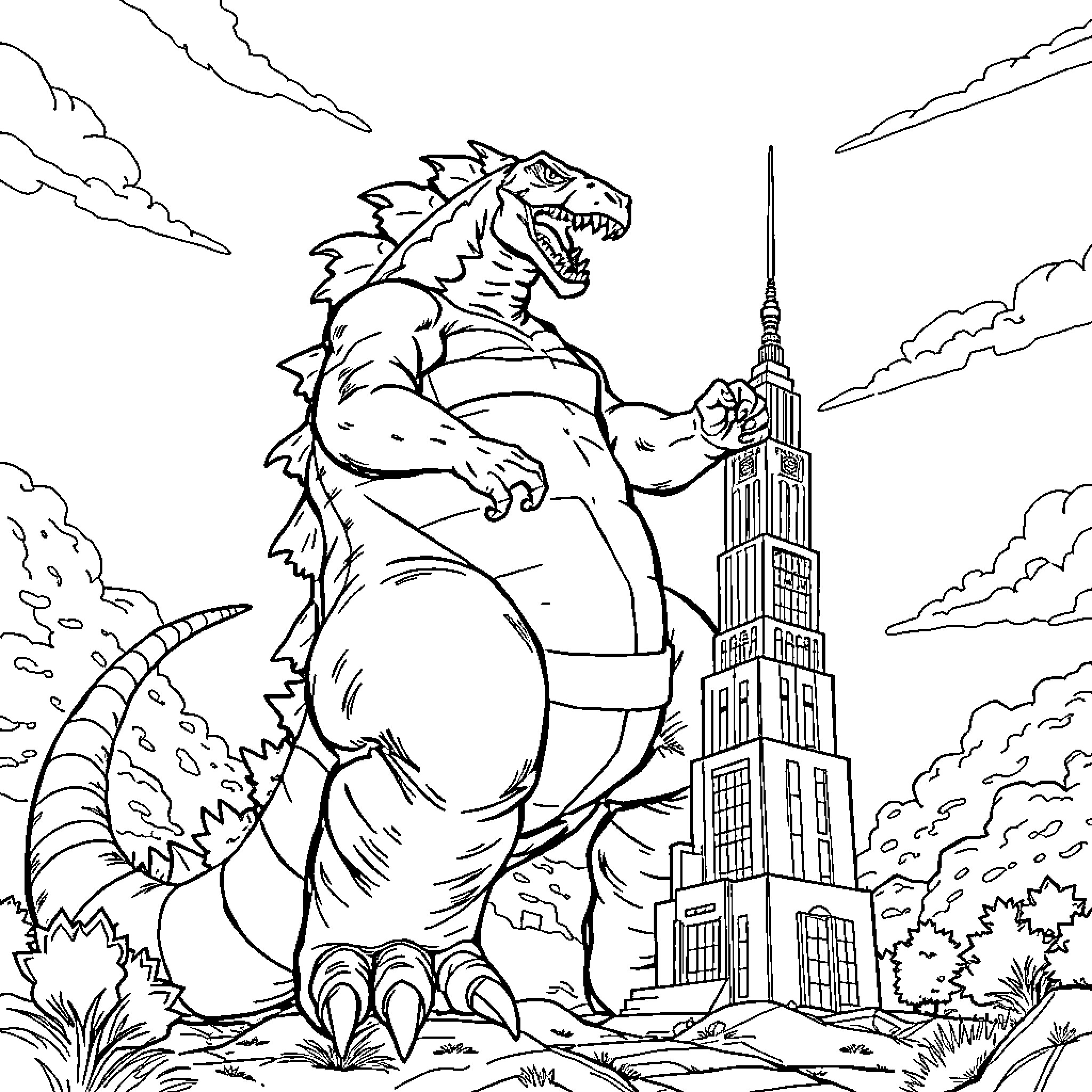 Monster rampaging through city skyline Coloring Page (free black-and-white line drawing printable PDF for all, from beginners to advanced learners, including children, teens, adults, and seniors)
