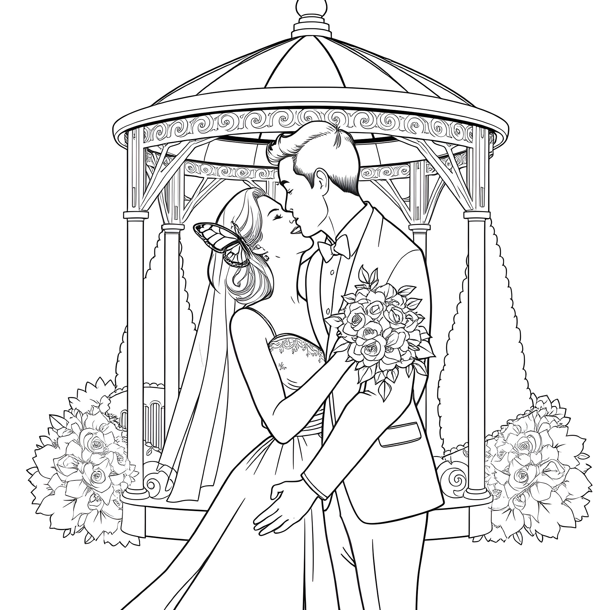 Woman Bride and Groom Embracing in Wedding Gazebo Coloring Page (free black-and-white line drawing printable PDF for all, from beginners to advanced learners, including children, teens, adults, and seniors)