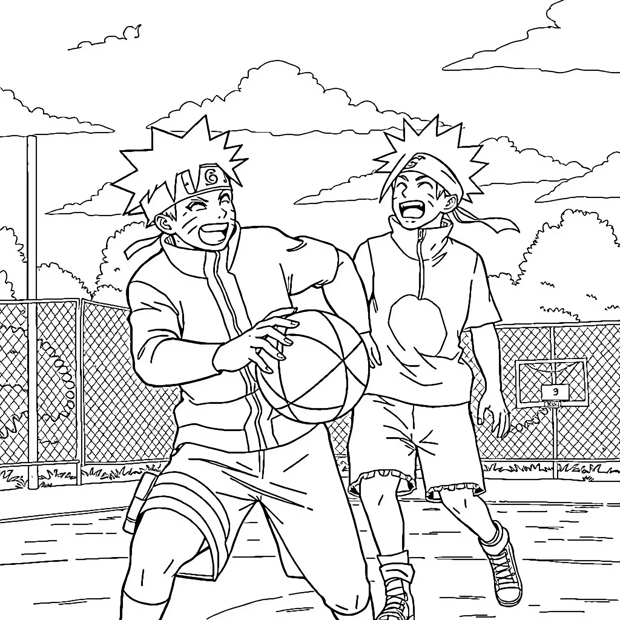 Naruto and friends playing basketball on the court Coloring Page (free black-and-white line drawing printable PDF for all, from beginners to advanced learners, including children, teens, adults, and seniors)