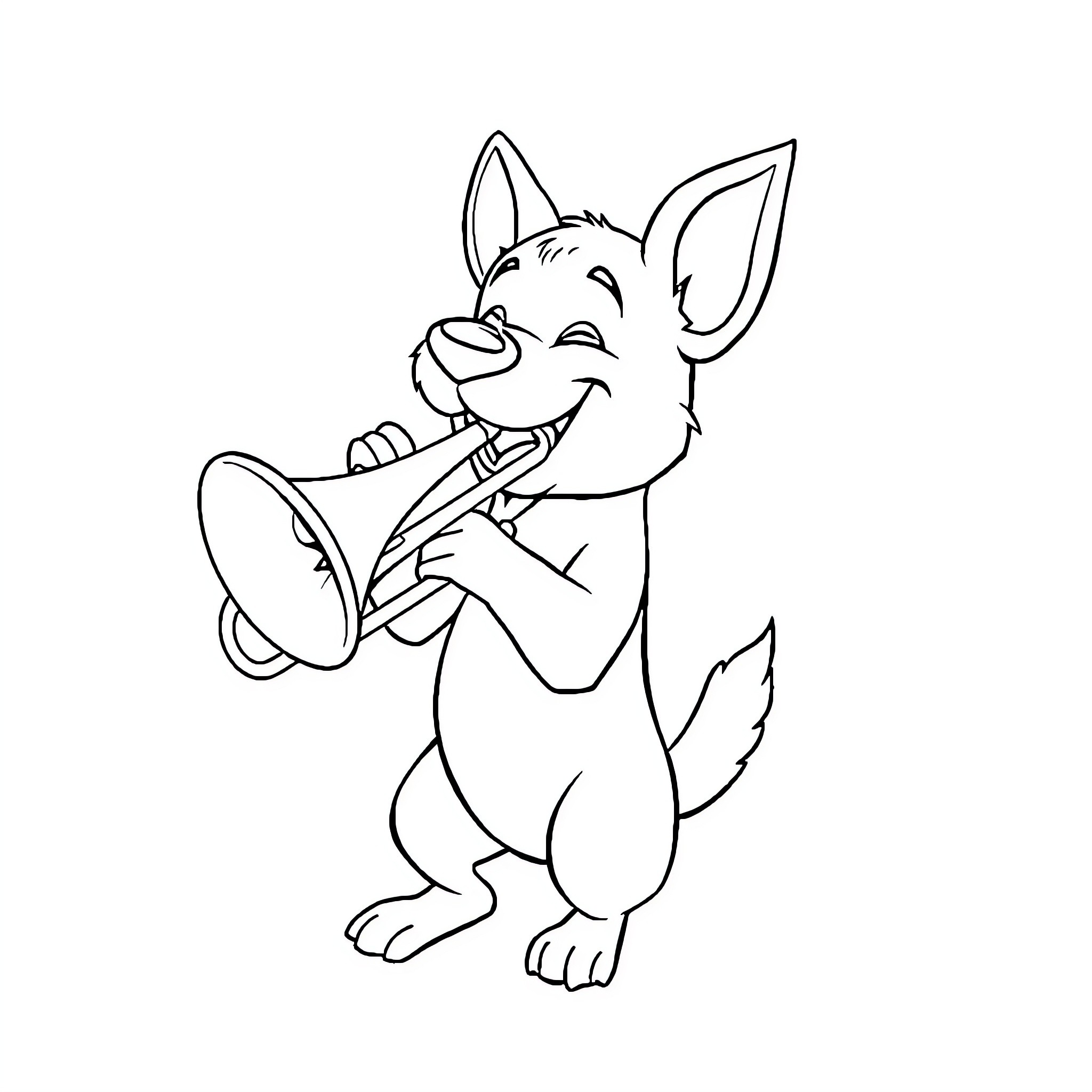 Dog playing a trumpet happily Coloring Page (free black-and-white line drawing printable PDF for all, from beginners to advanced learners, including children, teens, adults, and seniors)
