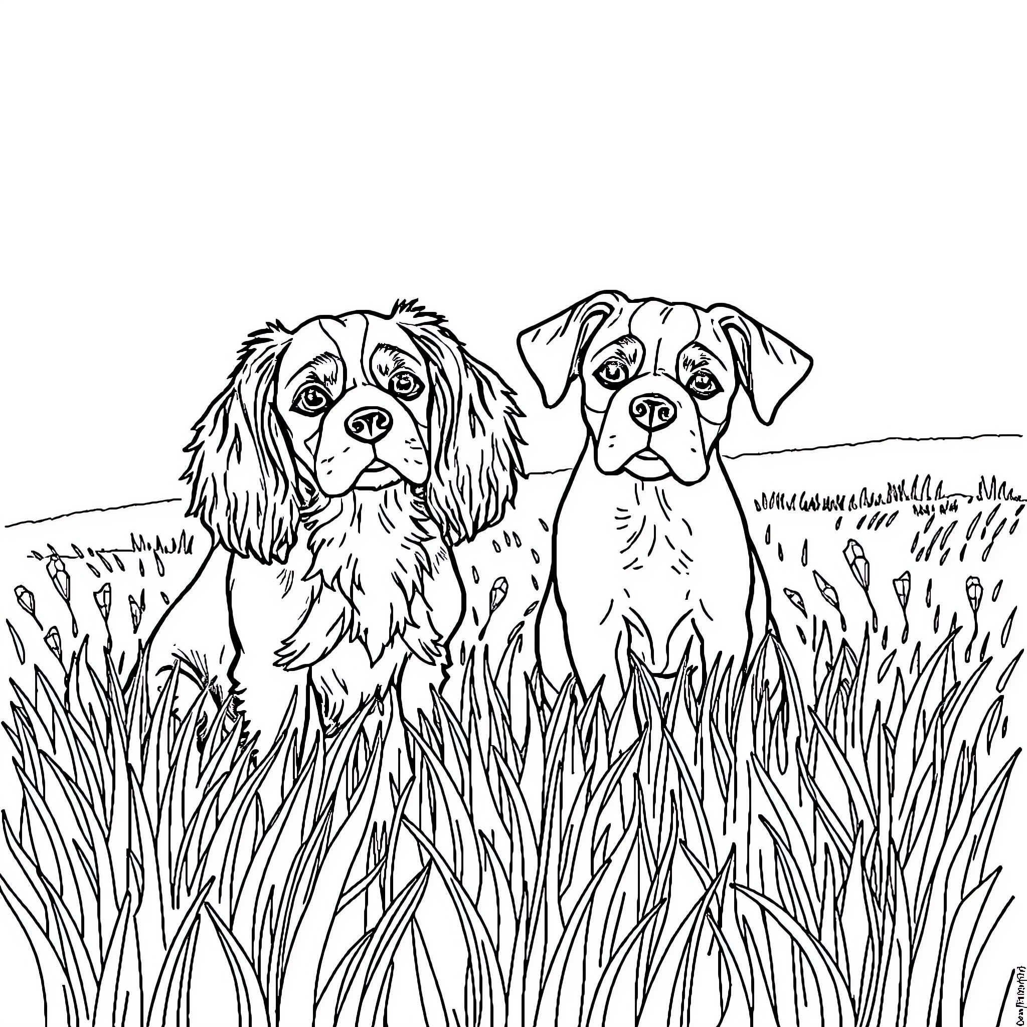 Cavalier King Charles Spaniels Relaxing in the Grass Coloring Page (free black-and-white line drawing printable PDF for all, from beginners to advanced learners, including children, teens, adults, and seniors)