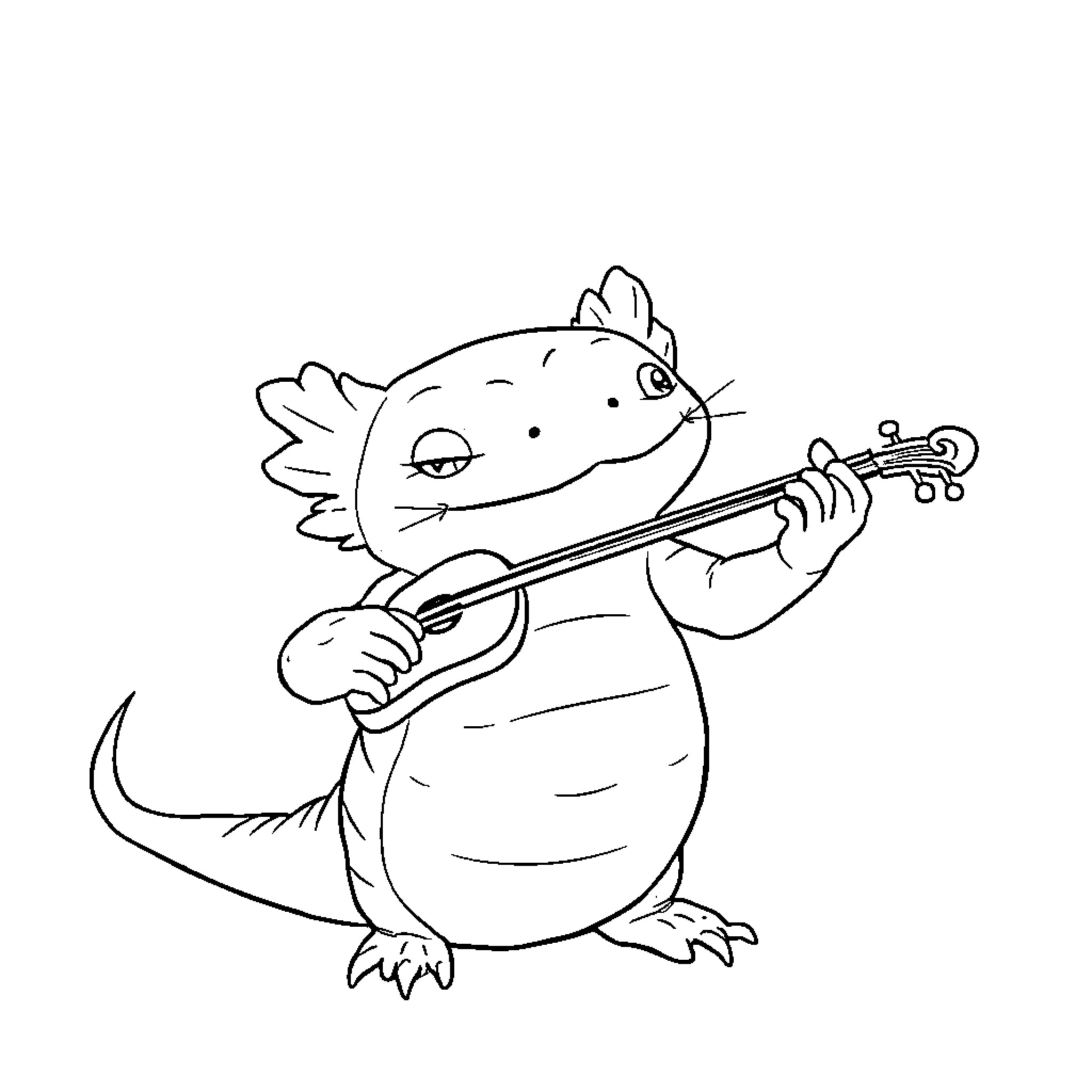 Axolotl playing a musical instrument Coloring Page (free black-and-white line drawing printable PDF for all, from beginners to advanced learners, including children, teens, adults, and seniors)