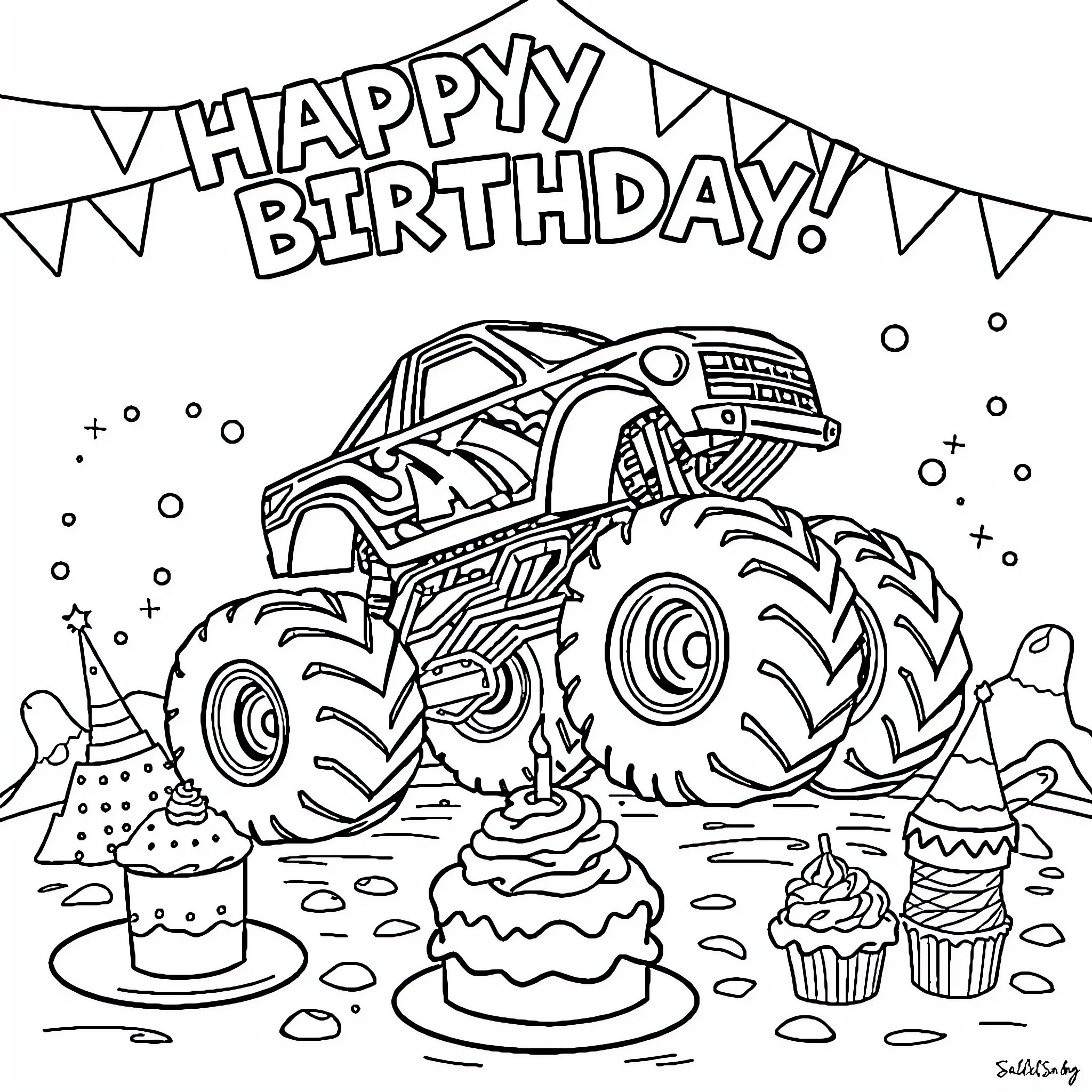Monster truck celebrates happy birthday with cake and balloons Coloring Page (free black-and-white line drawing printable PDF for all, from beginners to advanced learners, including children, teens, adults, and seniors)