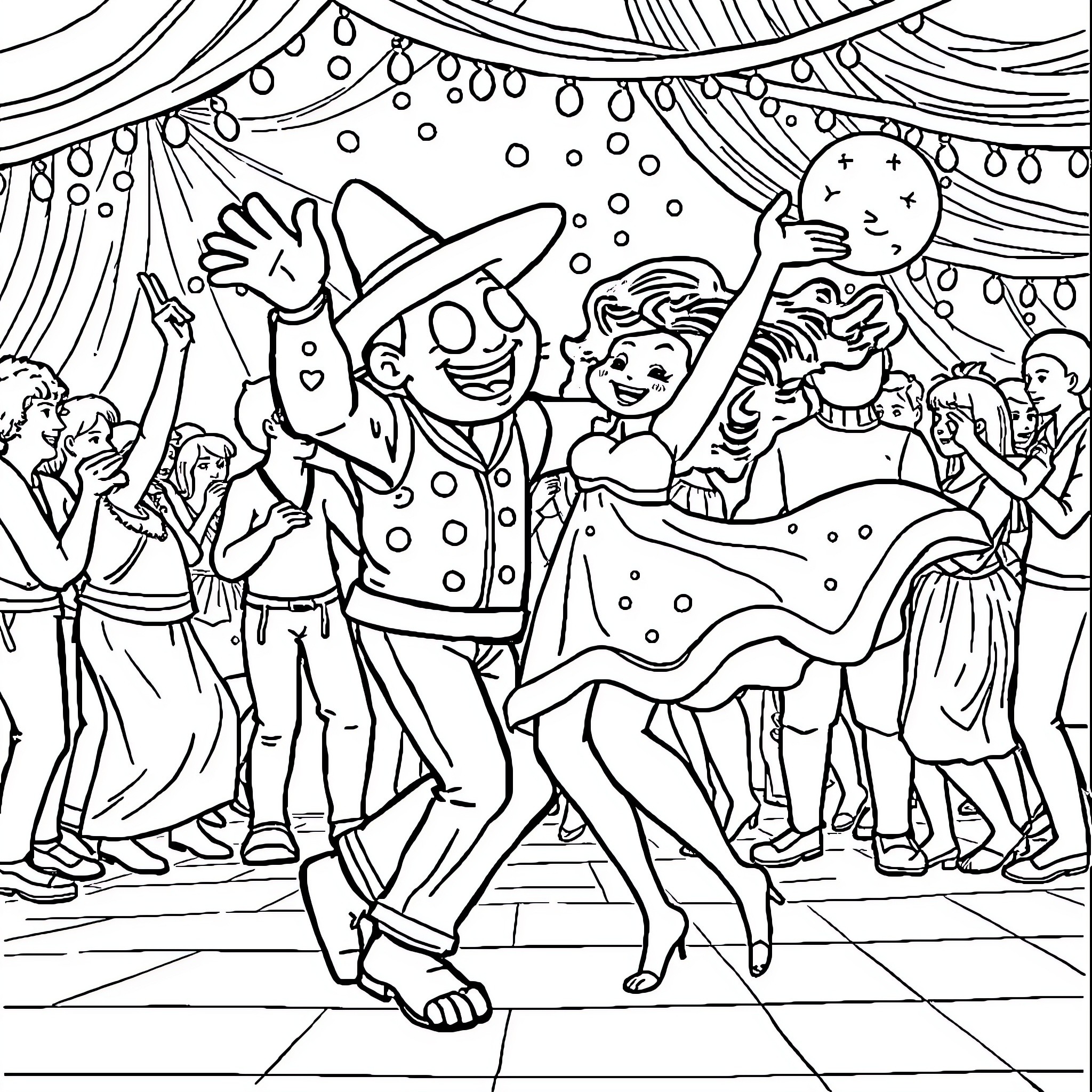 Labubu's Carnival Celebration Coloring Page (free black-and-white line drawing printable PDF for all, from beginners to advanced learners, including children, teens, adults, and seniors)