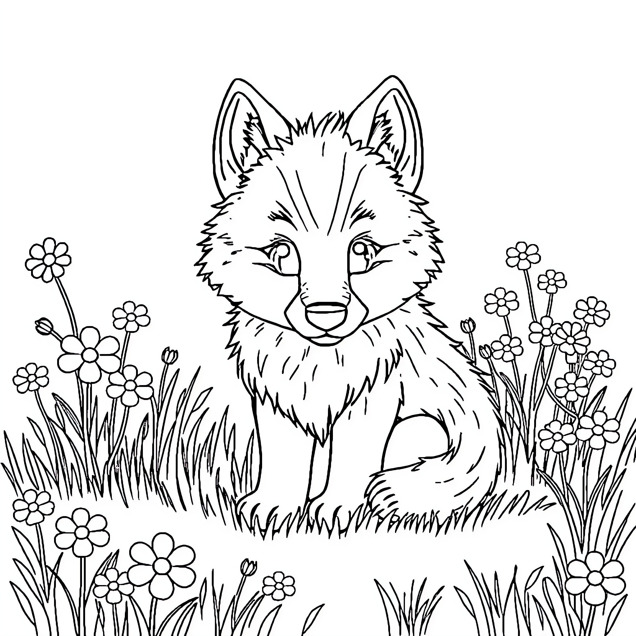 Wolf amid floral field Coloring Page (free black-and-white line drawing printable PDF for all, from beginners to advanced learners, including children, teens, adults, and seniors)
