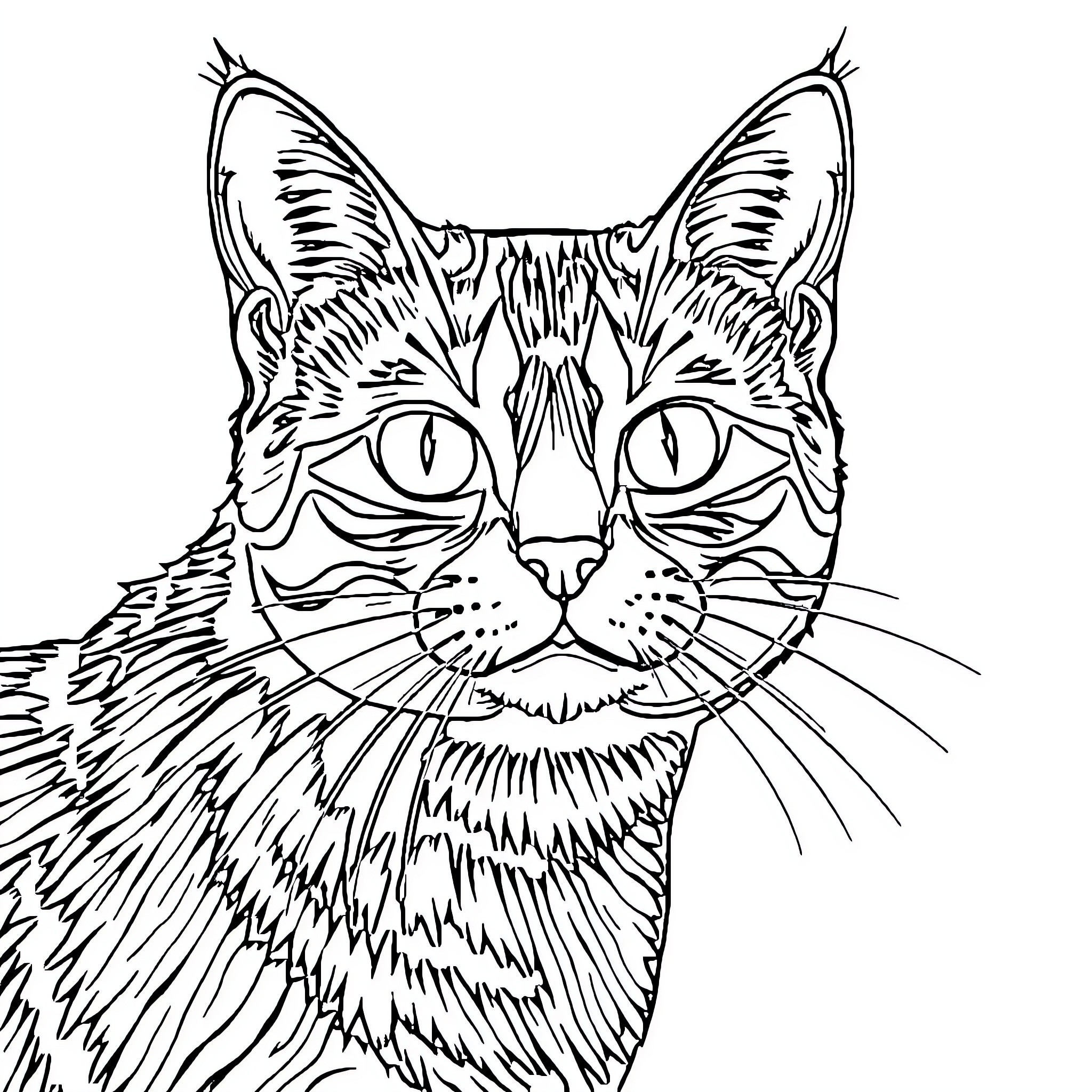 Cat Staring Intently with Detailed Fur Pattern Coloring Page (free black-and-white line drawing printable PDF for all, from beginners to advanced learners, including children, teens, adults, and seniors)