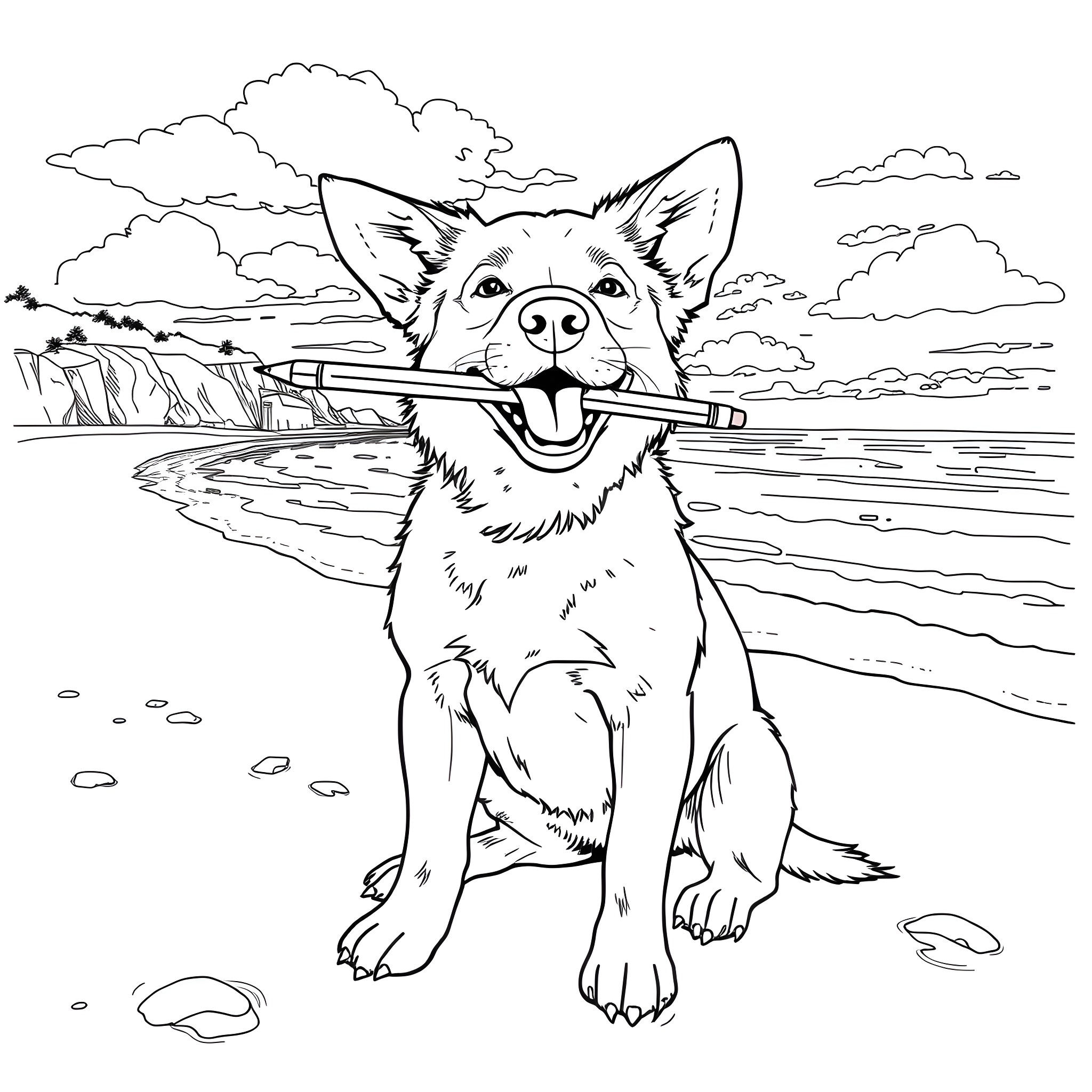 Dog Fetching Stick by the Lakeside Coloring Page (free black-and-white line drawing printable PDF for all, from beginners to advanced learners, including children, teens, adults, and seniors)