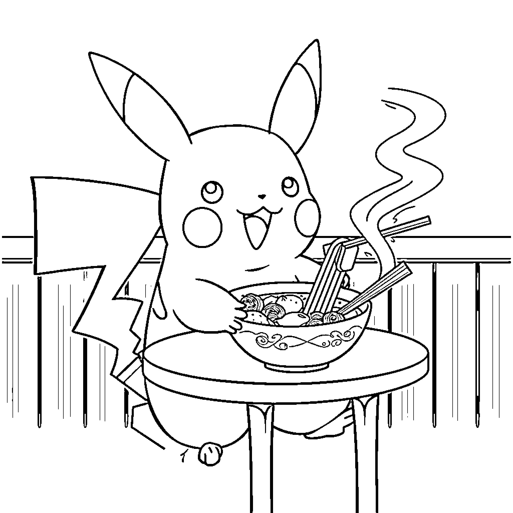 Pikachu enjoying a hot bowl of noodles Coloring Page (free black-and-white line drawing printable PDF for all, from beginners to advanced learners, including children, teens, adults, and seniors)