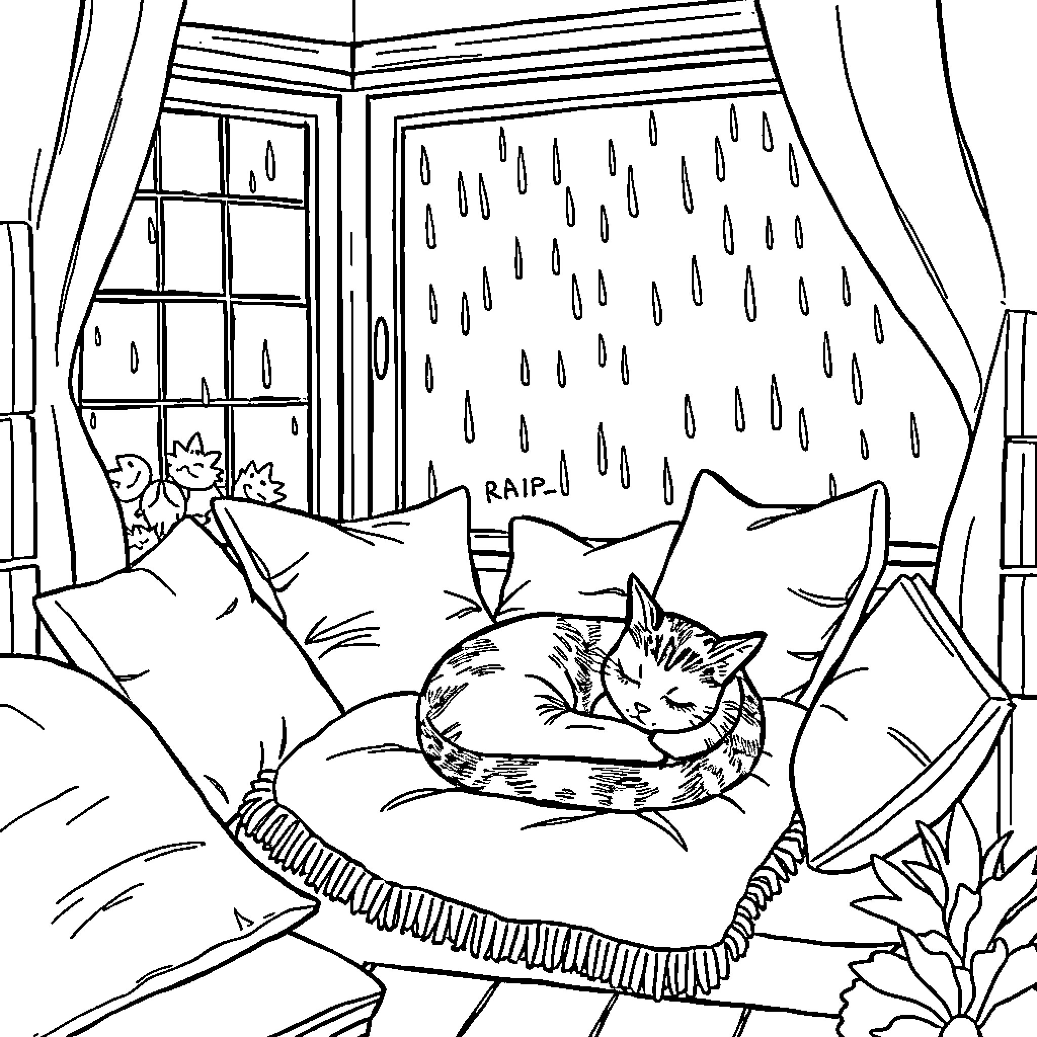 Cat sleeping peacefully on rainy day Coloring Page (free black-and-white line drawing printable PDF for all, from beginners to advanced learners, including children, teens, adults, and seniors)