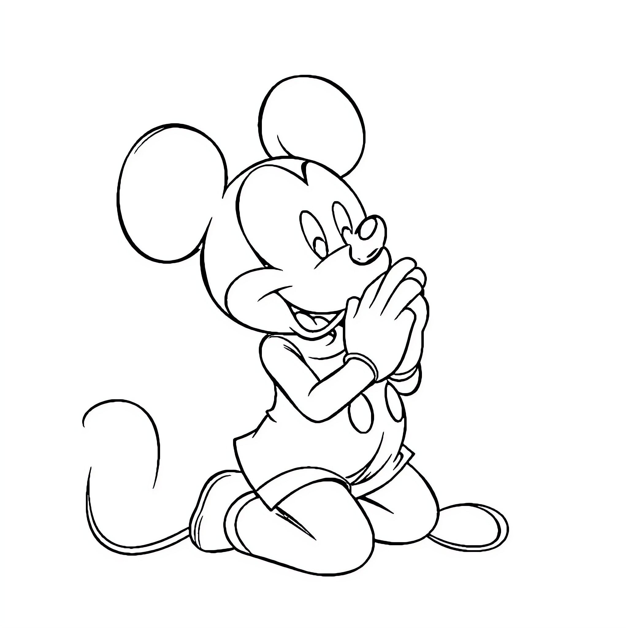 Mickey Mouse sitting and waving happily Coloring Page (free black-and-white line drawing printable PDF for all, from beginners to advanced learners, including children, teens, adults, and seniors)
