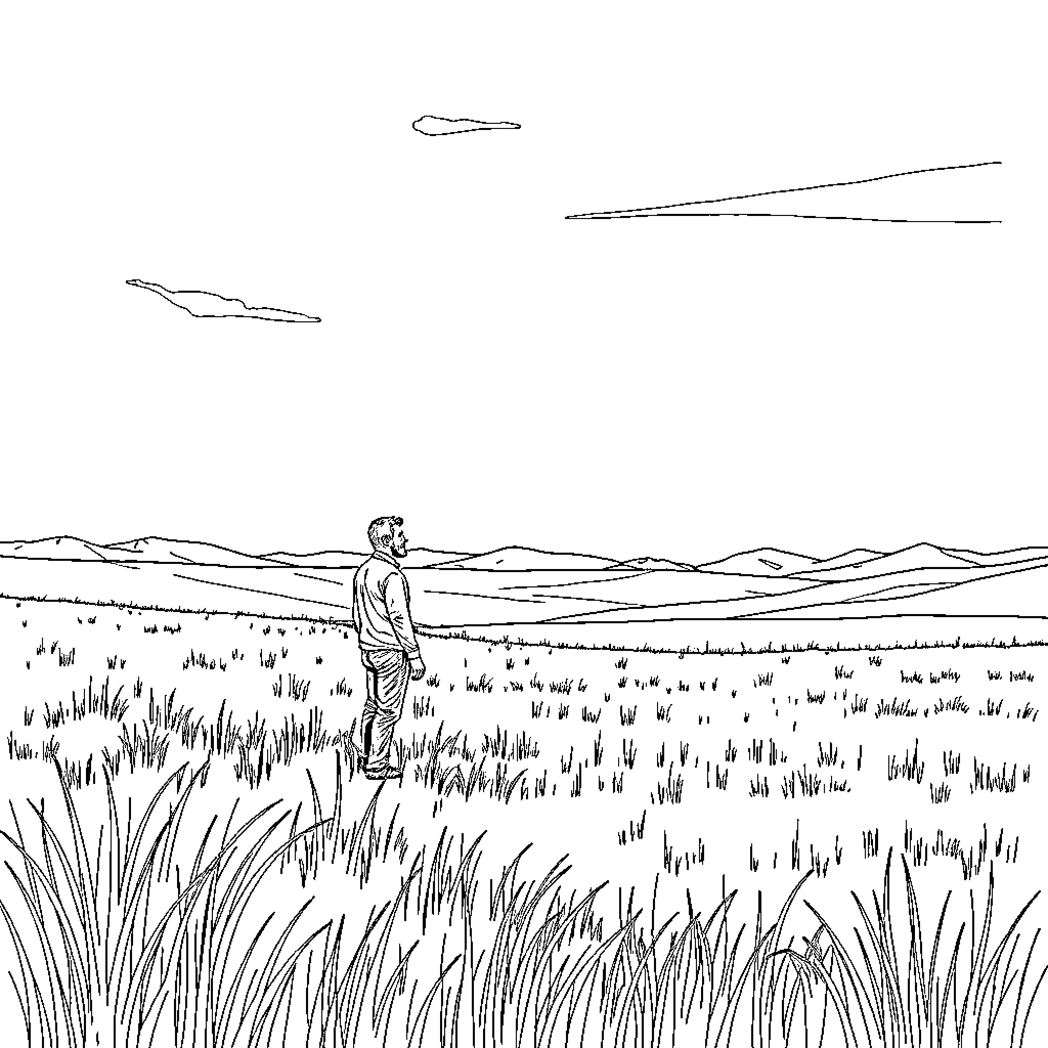 Man standing alone in vast grassland Coloring Page (free black-and-white line drawing printable PDF for all, from beginners to advanced learners, including children, teens, adults, and seniors)