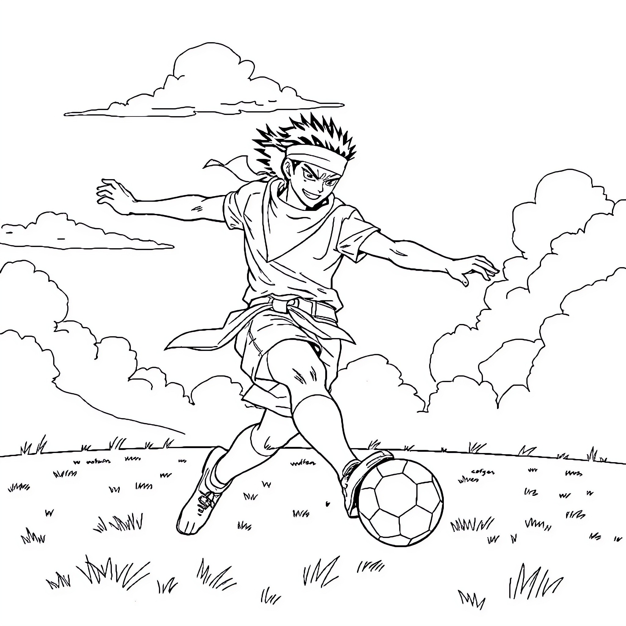 Roronoa Zoro playing soccer in the field Coloring Page (free black-and-white line drawing printable PDF for all, from beginners to advanced learners, including children, teens, adults, and seniors)