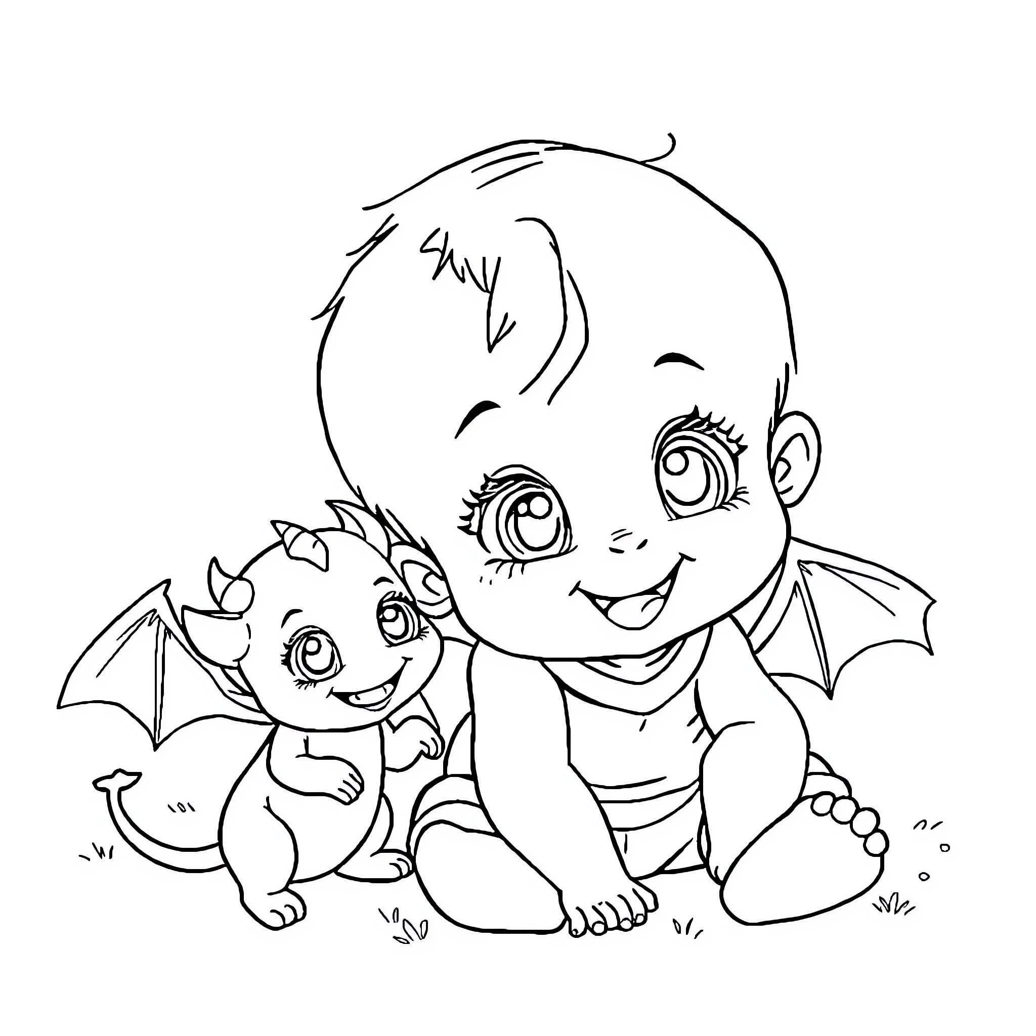 Baby playing with a cute devil friend Coloring Page (free black-and-white line drawing printable PDF for all, from beginners to advanced learners, including children, teens, adults, and seniors)