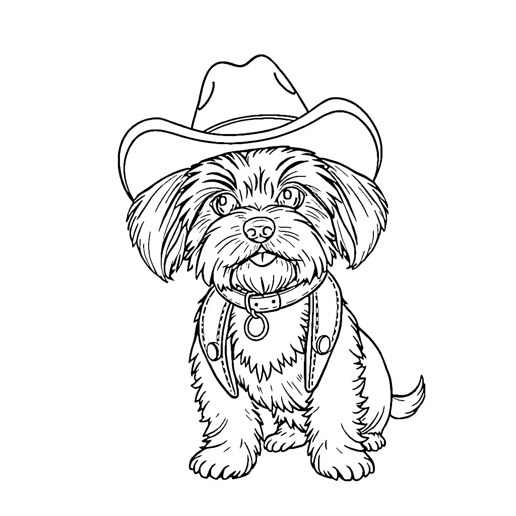 Maltese dog wearing a cowboy hat Coloring Page (free black-and-white line drawing printable PDF for all, from beginners to advanced learners, including children, teens, adults, and seniors)