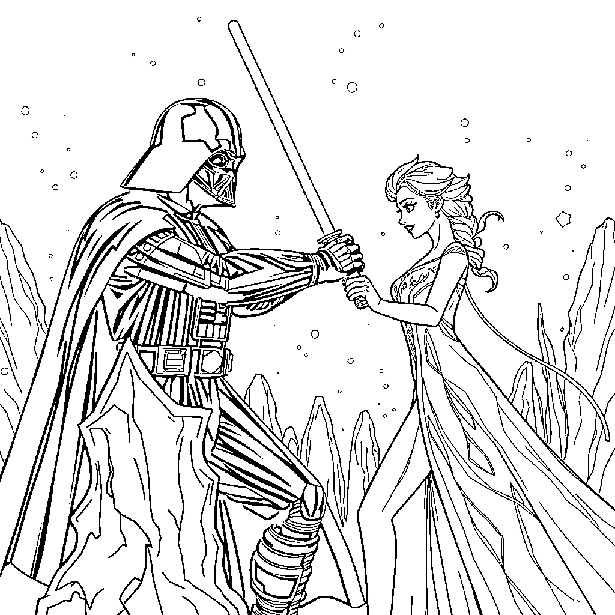 Darth Vader and Princess Engage in Lightsaber Duel Coloring Page (free black-and-white line drawing printable PDF for all, from beginners to advanced learners, including children, teens, adults, and seniors)