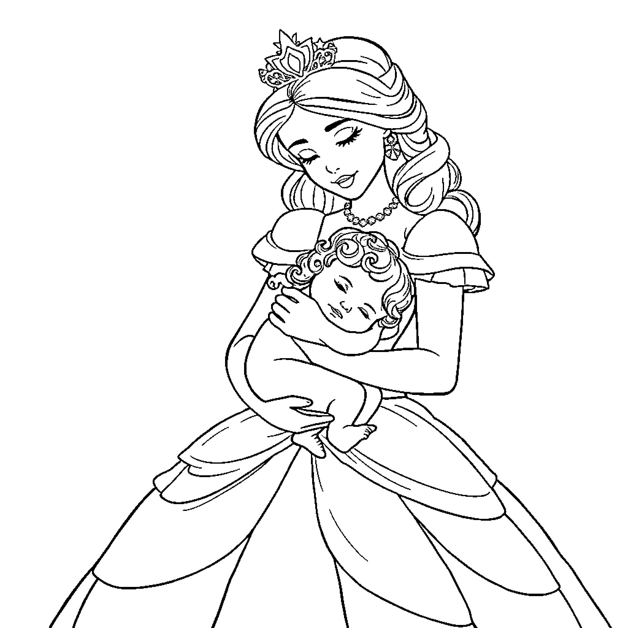 Princess cradling baby in tender embrace Coloring Page (free black-and-white line drawing printable PDF for all, from beginners to advanced learners, including children, teens, adults, and seniors)