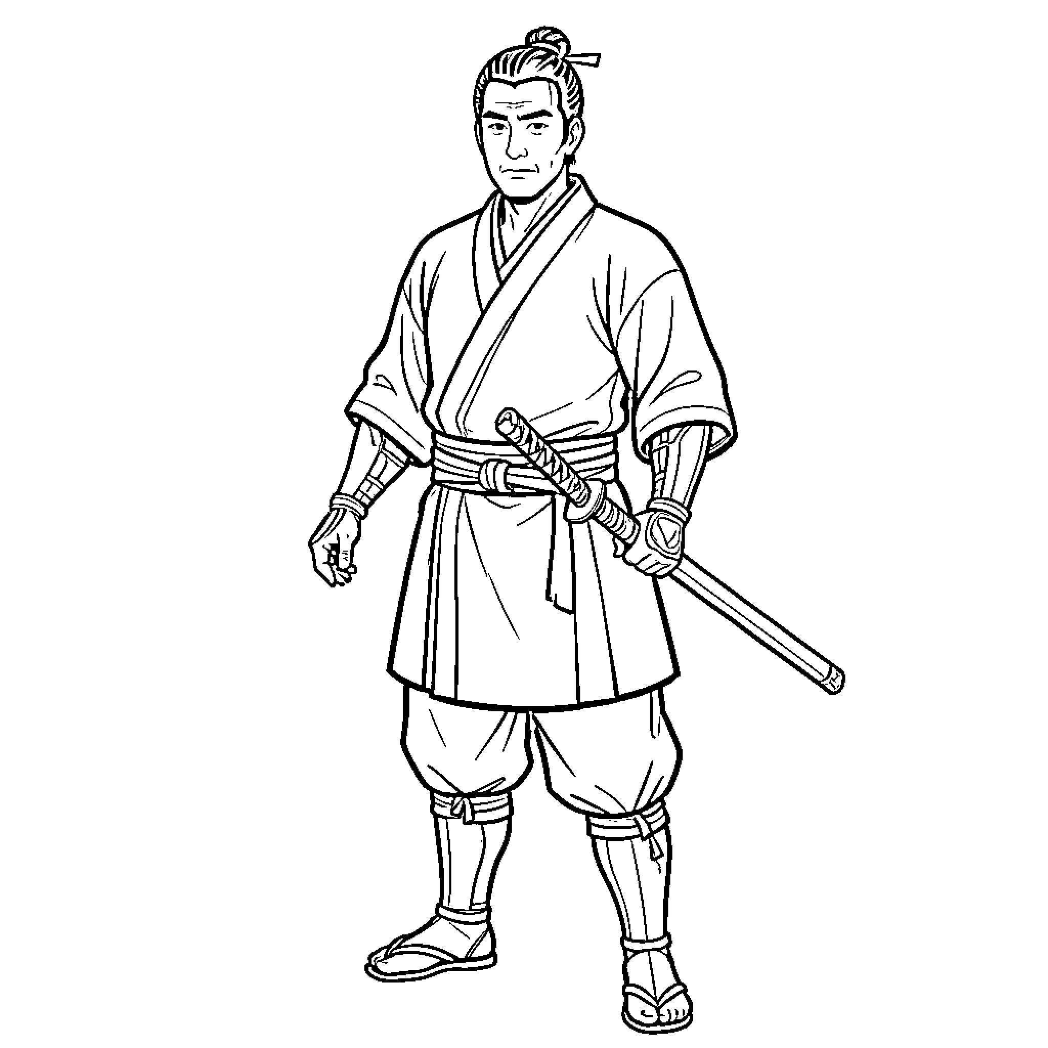 Samurai standing stoically while holding a katana Coloring Page (free black-and-white line drawing printable PDF for all, from beginners to advanced learners, including children, teens, adults, and seniors)