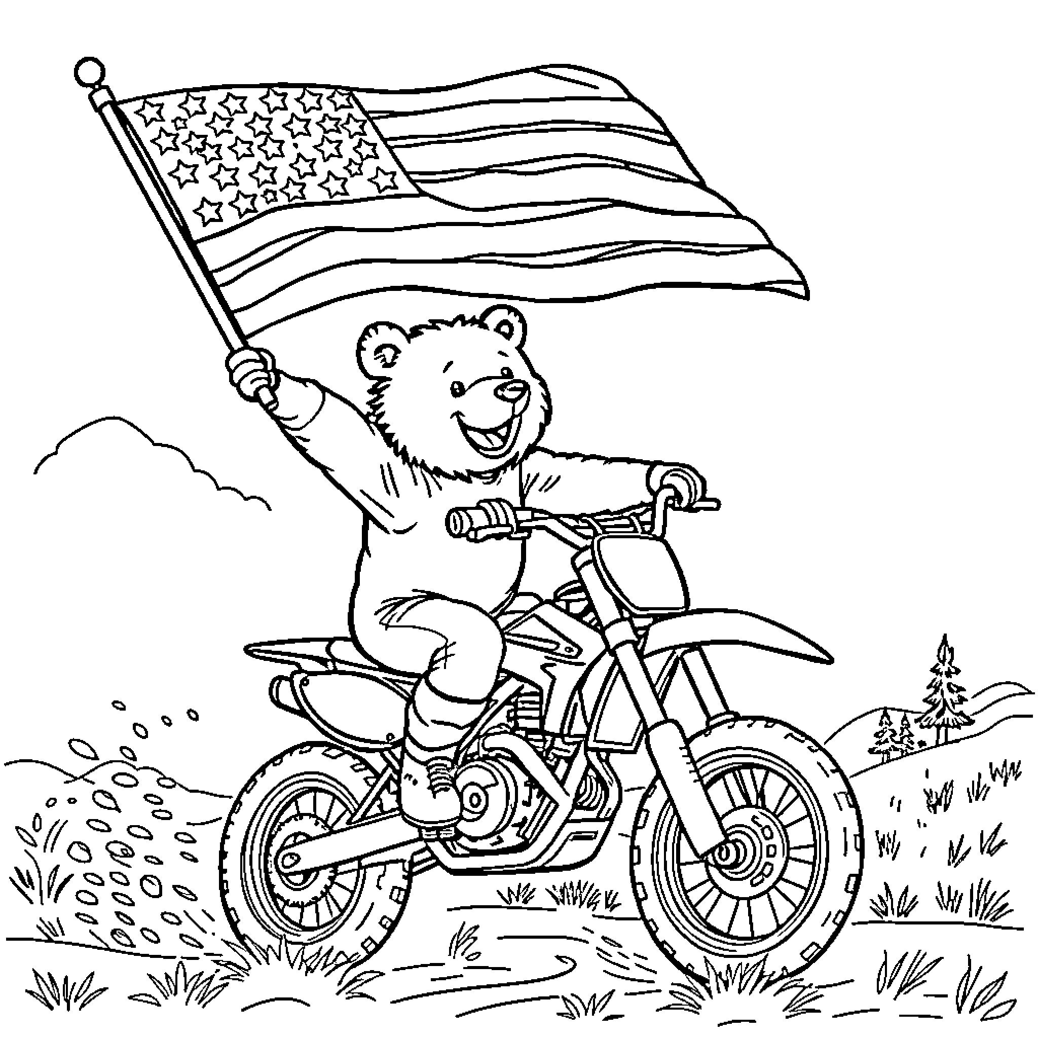 Bear riding bicycle with American flag Coloring Page (free black-and-white line drawing printable PDF for all, from beginners to advanced learners, including children, teens, adults, and seniors)