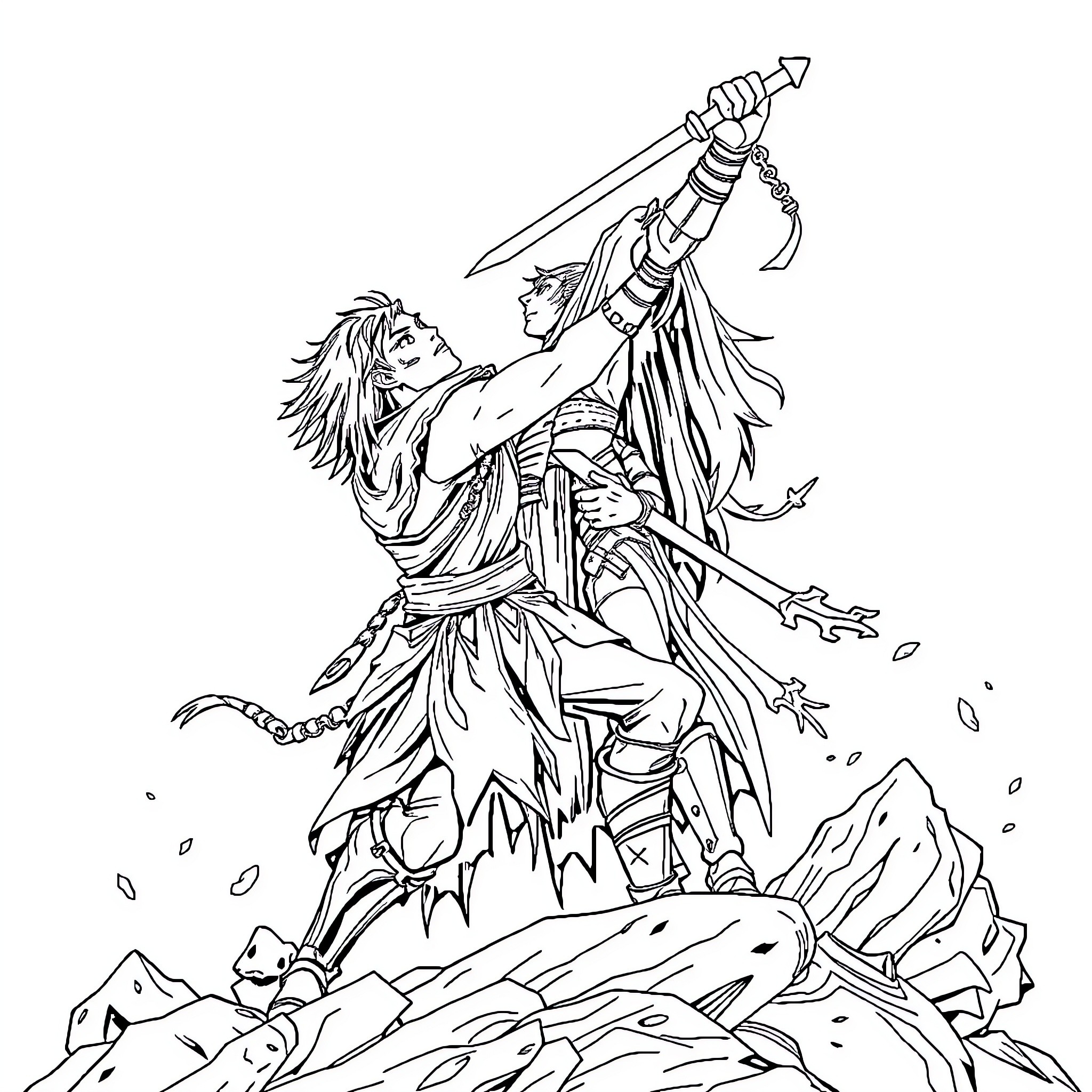 Yono's Valiant Sword Strike Coloring Page (free black-and-white line drawing printable PDF for all, from beginners to advanced learners, including children, teens, adults, and seniors)